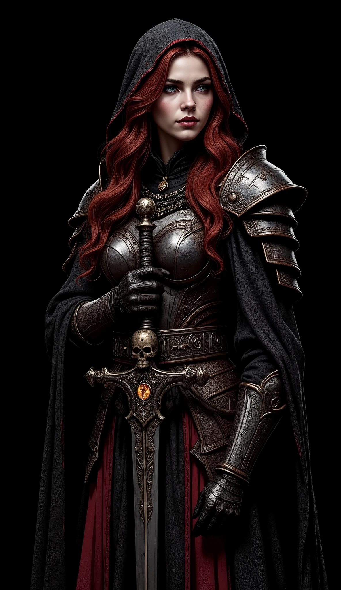 Create a high quality, 4k, ray traced image of a girl in the dark, she is wearing a long black cloak that conceals her, a black hood placed over her head partially obscuring her facial features. The hood has frayed and worn edges. Her face remains in shadow. Very detailed and realistic face. Full side view image. It is difficult to distinguish the woman in the long black cloak and hood from the darkness surrounding her. The cloak is partially open allowing one to see that she is wearing a full black suit of armor underneath, feminine metal armor, ornate detailing on the red armor. Very revealing cloak exposing the woman's body to the viewer's eyes. Beautiful epic fantasy warrior woman. The 20 year old woman has long, red hair, very detailed layered hair, bangs, very disheveled hair that falls over her armored chest, black leather choker, ringed silver chainmail, gray eyes, intense expression, detailed irises, long eyelashes, thick, half-open, pink lips. sensual. Mysterious and hidden in the shadows. Sensual and mysterious in equal parts. The woman carries in her hands a mythical and precious sword, the sword guard is profusely decorated with an inlaid skull, the sword edge has runic symbols all over the edge. Dark scene pure black background ideal for wallpaper