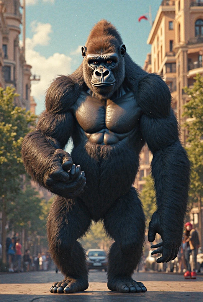 ((raw-photo)), ((Masterpiece artwork)), Anthropomorphic humanoid gorilla wearing (((streetwear clothes))), walking furiously among people, intricate-detail, intricate Greebles pieces, city behind, muscled body, (((large muscles))), muscular arms, (small head), monstrous ogre, Titan soft lighting, hyper realist, soft-lighting, eerie ambiance, enormous dick, pulling his dick out,
