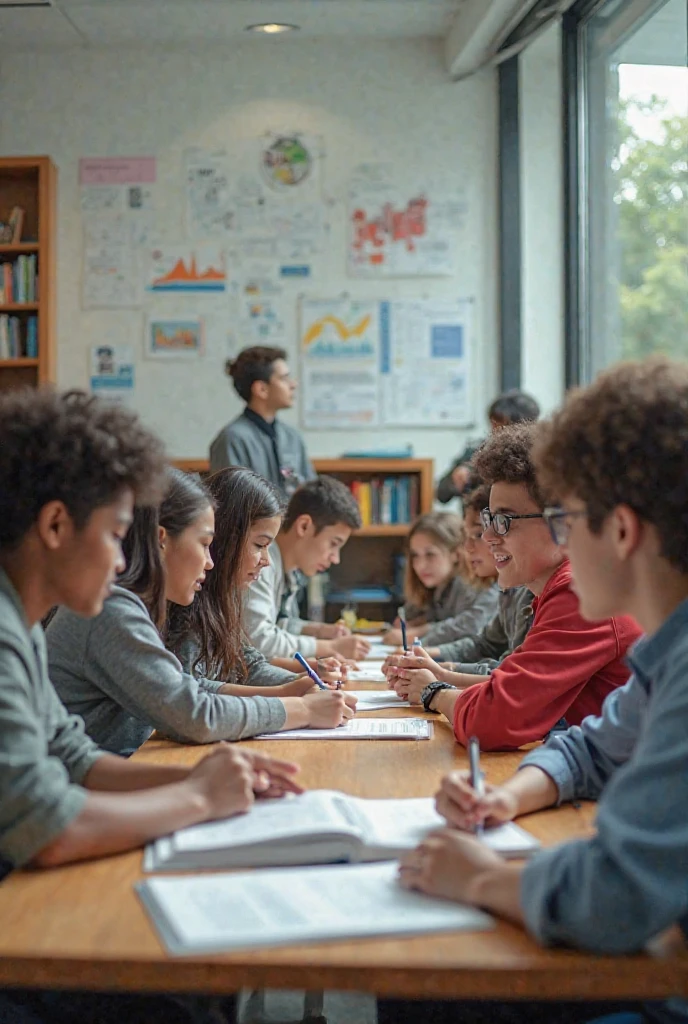A classroom with teenagers studying