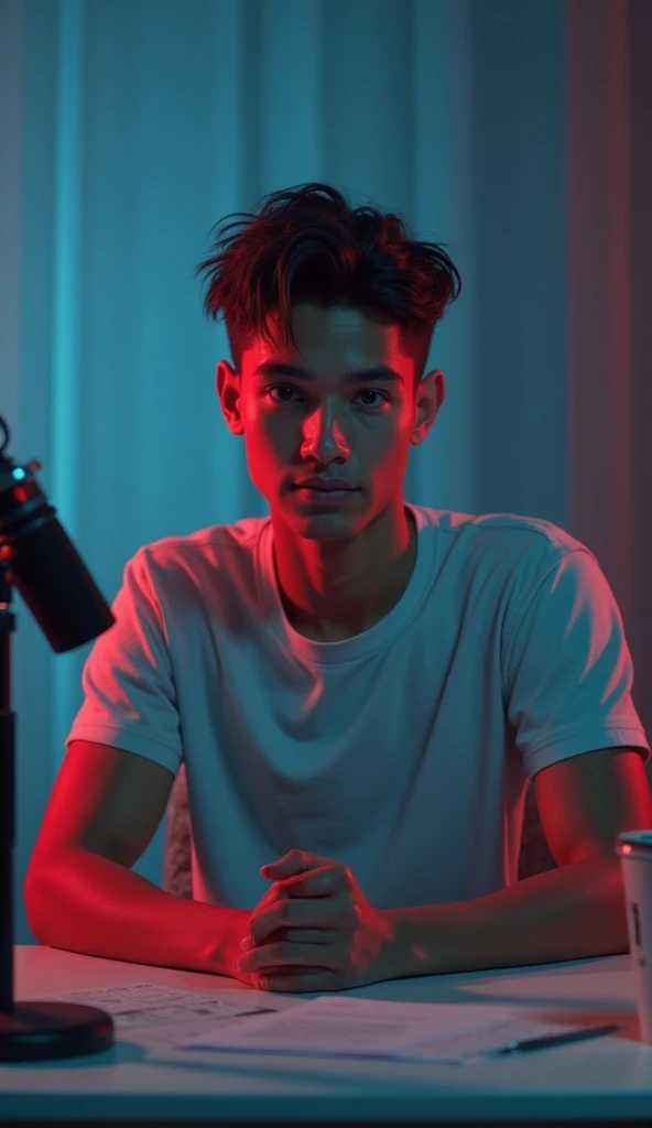 (boy) (couch) (fitness trunks) (serious face) (playing) (purple lights) (sfw)