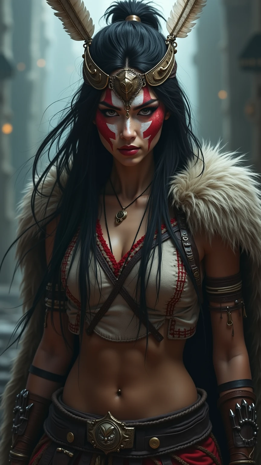 "((Tribal maiden)) amidst the remnants of an ancient civilization, facing a turbulent storm, swirling clouds, dynamic composition, painterly details, fantasy realism, captivating and dark ambiance."