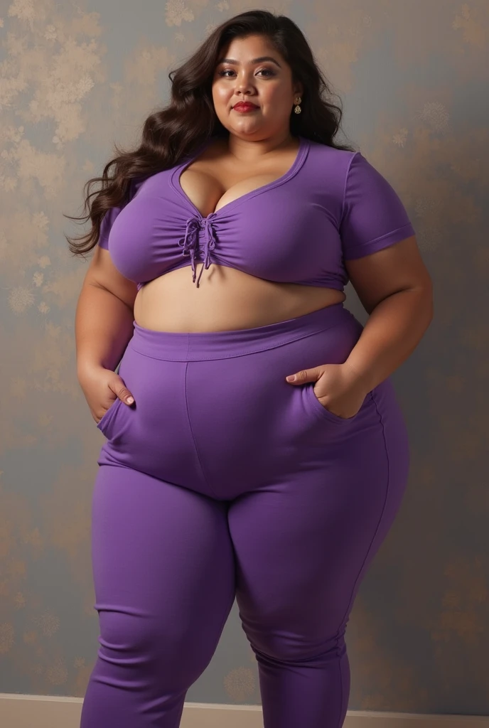 Latina woman, long black hair with purple highlights, tan-bronze skin, plus size milf body, chubby figure, chubby face, attractive face, mascara, purple lips, purple mascara, purple eyeshadow, beautifully detailed eyes, carefree smile, confident expression, walking down the streets of Miami, looking at viewer, (wearing black tank-top, shiny purple leggings and golden bracelets), wide hips, large thighs, beautiful thick female, thick thighs, she has a jiggly fat round belly, she has a wide load butt, walking down the streets of Miami, best quality, cinematic lighting, detailed background, soft volumetric lights, intricate details,