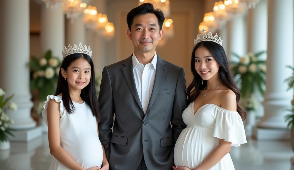 (best quality,masterpiece:1.2),(realistic,photo-realistic:1.37),wedding photo contains 1boy and 1girl and a baby, red background,(upper body: 1.2),(smile:1.15),(closed mouth),beautiful detailed eyes,<lora:weddingphoto_v10:0.7>,