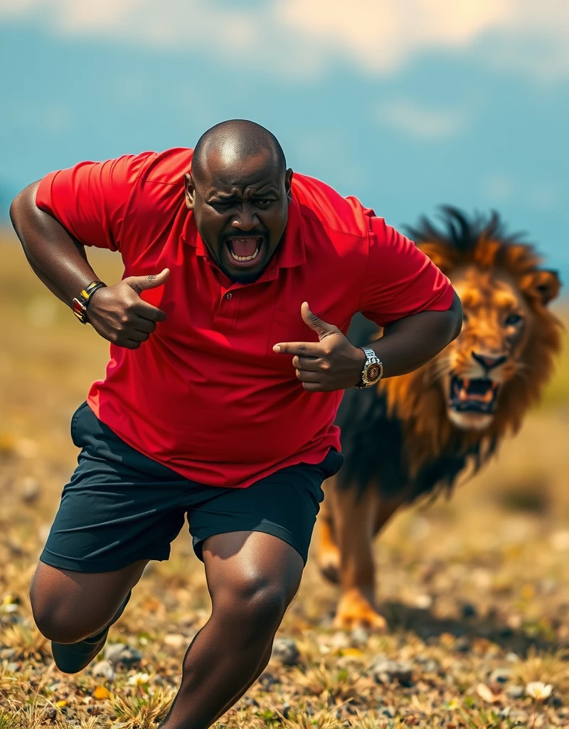 incredibly fat african people running from a lion in the savannah they are angry, are running away, men and women, dirt clothes, people talking loudly and swearing, fat people rolling on the floor, dust, lensflare effect, motion-blur, highly dynamic image, bare feet,