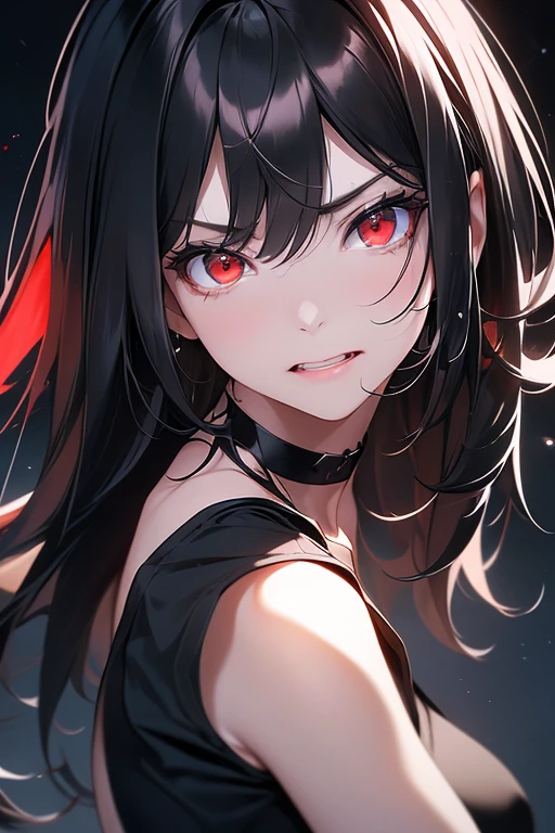 A stylized digital portrait of a young woman with long, sleek dark hair, posing with a tilted head and gazing directly at the viewer. She has sharp, well-defined eyebrows, full lips, and a serene yet slightly mysterious expression. The background features glowing red little devil and a heart outline, giving a playful and edgy atmosphere. The lighting accentuates her facial features, creating a dramatic contrast between light and shadow. The overall aesthetic is modern and bold, with a hint of mischievousness.