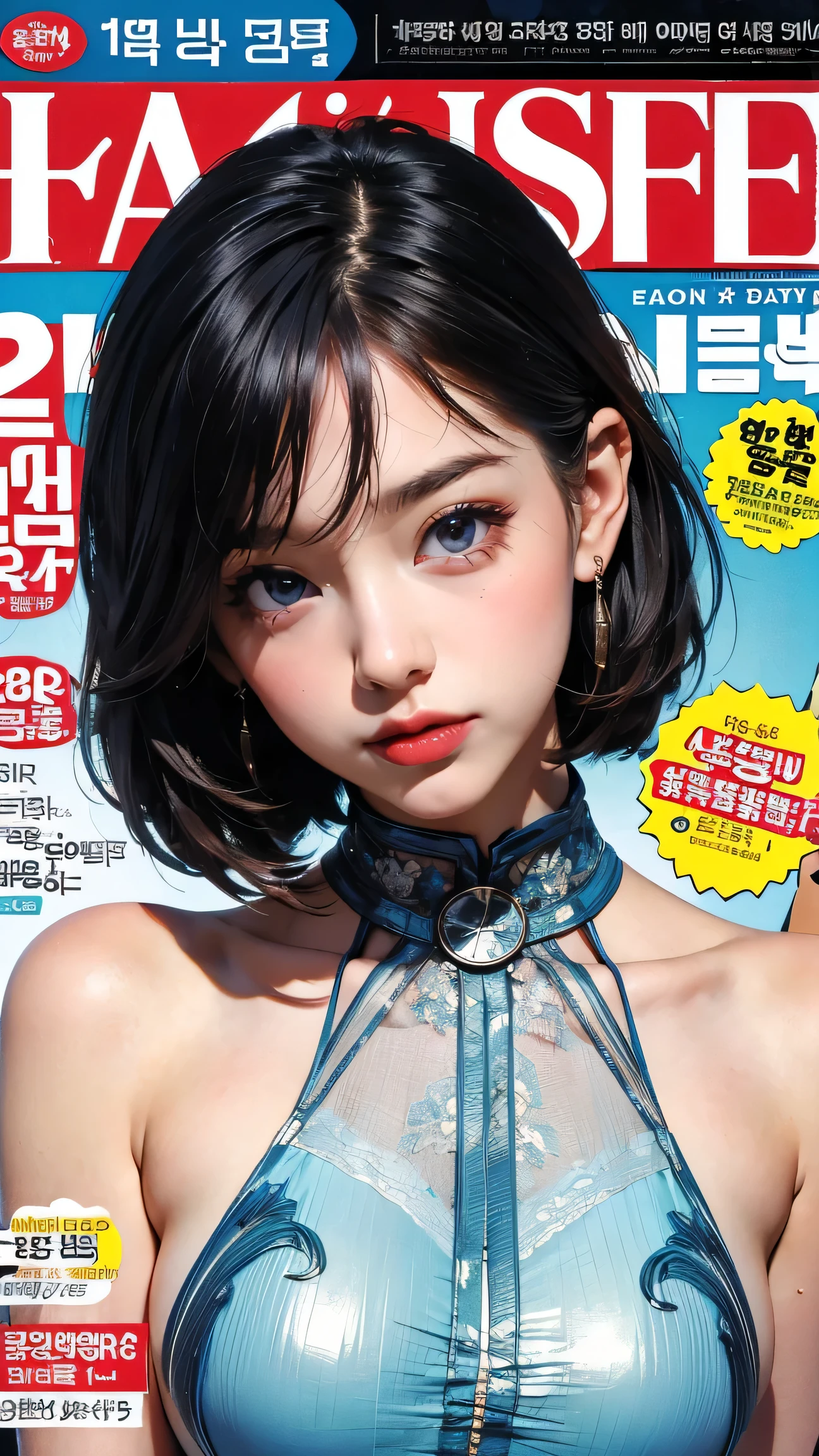 1girl, smile, upper body, (standing: 1.2), (royal blue eye), (wolf ear), (black hair), (wolf tail), (cute young girl:1.1), beautiful detailed eyes, flax green hair, short hair, small breasts, (looking at viewer), (magazine:1.3), (cover-style:1.3)