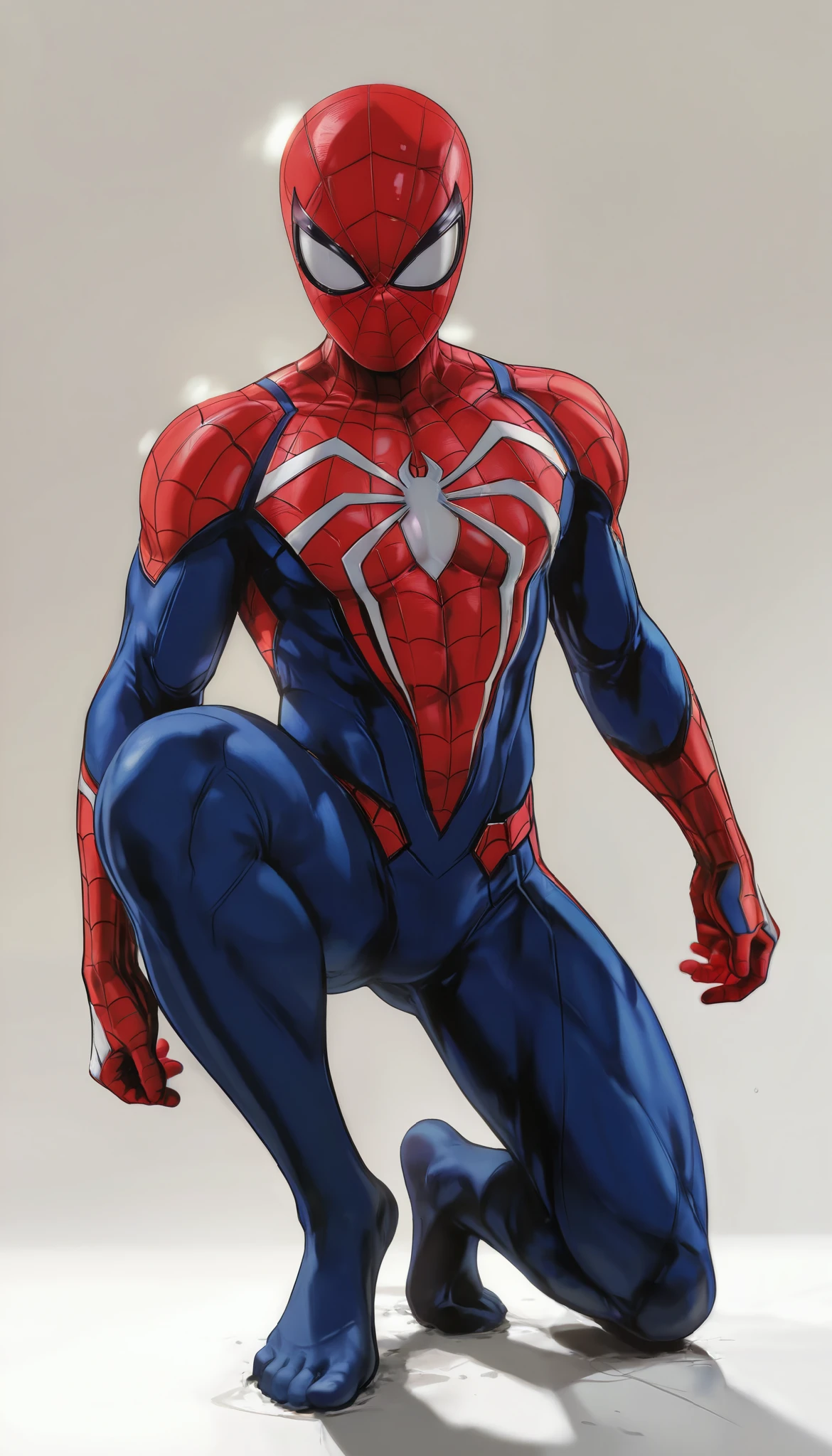 1 Superhero, Spider-Man, PVC Figure, (staring at JK's feet), hero figure, Muscular body, Extremely Cool , (superhero landing:1.4, Spider-Manのコスチューム), soft lighting, plain background :1.6, PVC Figure, (Highest quality:1.2, masterpiece:1.2, Aesthetics at its best),