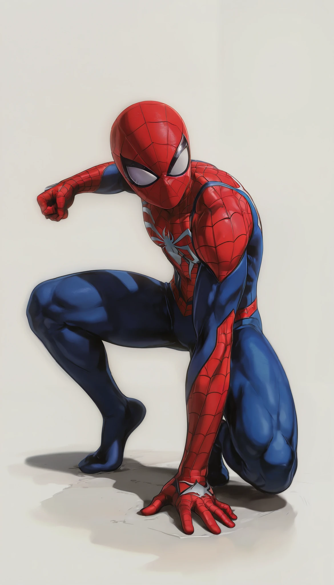 1 Superhero, Spider-Man, PVC Figure, (staring at JK's feet), hero figure, Muscular body, Extremely Cool , (superhero landing:1.4, Spider-Manのコスチューム), soft lighting, plain background :1.6, PVC Figure, (Highest quality:1.2, masterpiece:1.2, Aesthetics at its best),