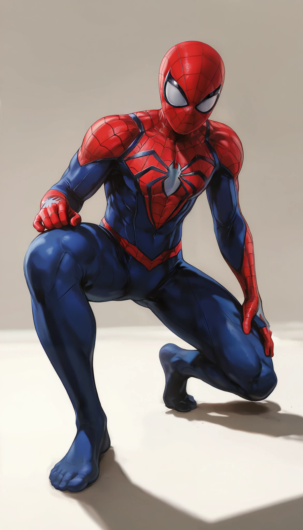 1 Superhero, Spider-Man, PVC Figure, (staring at JK's feet), hero figure, Muscular body, Extremely Cool , (superhero landing:1.4, Spider-Manのコスチューム), soft lighting, plain background :1.6, PVC Figure, (Highest quality:1.2, masterpiece:1.2, Aesthetics at its best),