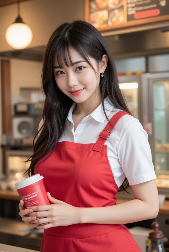 ((best quality)), ((masterpiece)), (detailed), 1 girl, (((matte prime red very loose fitting shirt with long sleeves, button-up front, very conservative))). Very saggy flat breasts, no bra, black loose fitting pants with 1 black button, standing behind fast food counter, big smile open mouth, slim thin figure, long dark hair, latin girl 20's, the appearance of hard nipples showing from under fabric of shirt, slim hips, slim thighs, flat breasts, sfw, 1 person in image, (((very skinny body))), flat red loose shirt untucked,