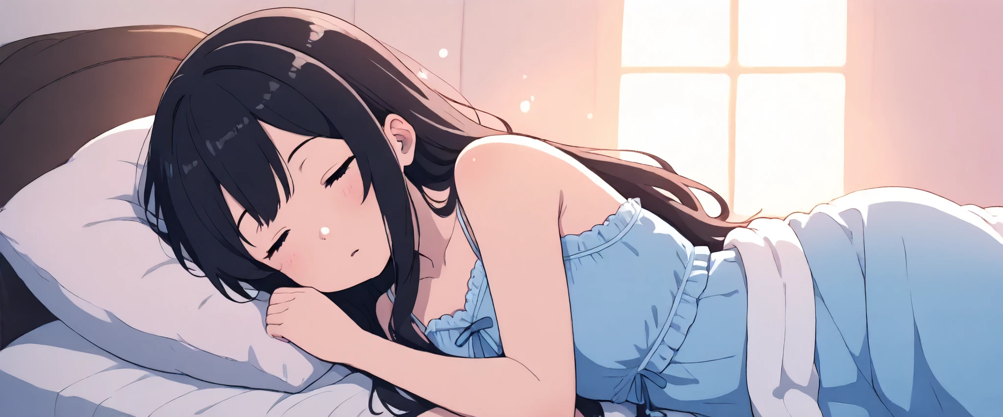 (masterpiece, best quality, illustration), anime girl, cute, solo, short blue nightgown, blue camisole, lying in bed, sleeping, sleeping face, closed eyes, peaceful expression, black hair, long hair, detailed eyes, detailed face, bedroom, bed, pillow, blanket, soft lighting, warm lighting, dim lighting, pastel colors, muted colors, cozy room, nightstand, 8k resolution, sharp focus