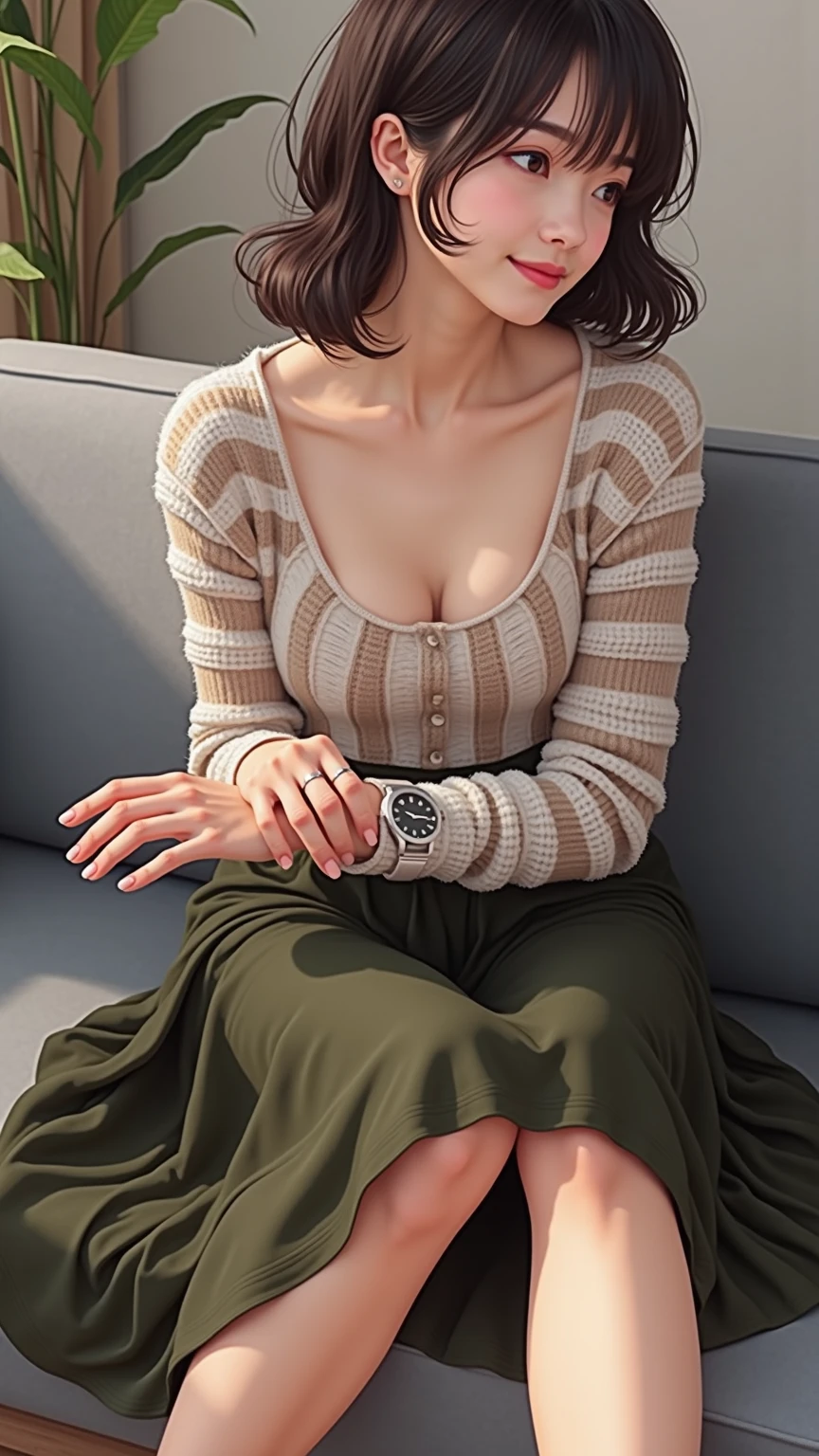 Top Quality, Masterpiece, (Reality: 1.2), 1 Girl, Brown Hair, Brown Eyes, Front View, Detailed Face, Beautiful Eyes, Full Body, Sitting on a Bench, Miniskirt, Open Legs, Nice Thighs, Beautiful Legs, Detailed Skin, Disgusted Expression, Huge Tits, (NSFW:1.3)
