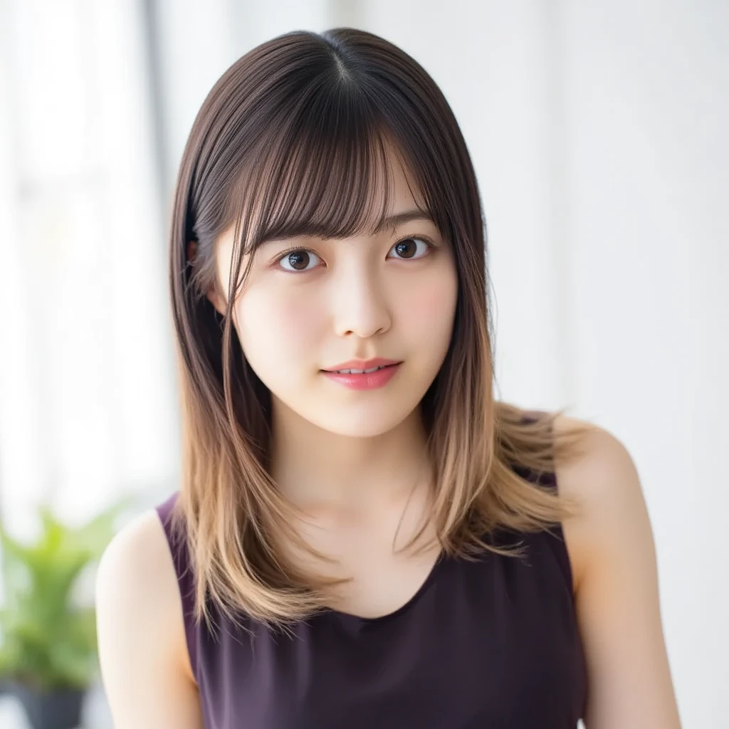 Two-tone blonde and black hair、long hair、 hairstyle is straight、 light background、black me swimsuit、スーパーlong hair、close up the face