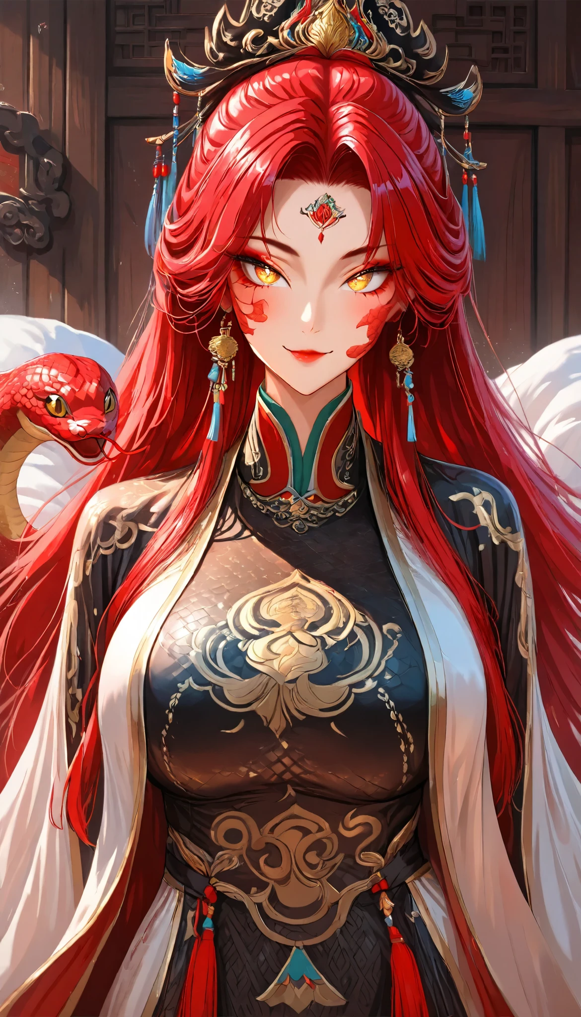 A Red hair Female(Red snake scales on her cheeks), Perfect body, (Golden eyes with Snake pupils), (Wearing A White Taoist robe:1.7)(Red Snake scale pattern), Open pose, seductive smile,In a Chinese palace, UHD, SOLO, anatomically correct, masterpiece, textured skin, high details, highres, 1080P, 16k, accurate,Beautiful face, Perfect face, Highly detailed beautiful face and eyes, Attractive face, Detailed face, Delicate facial features, Detailed skin,Cowboy shot,((hbig bosom))