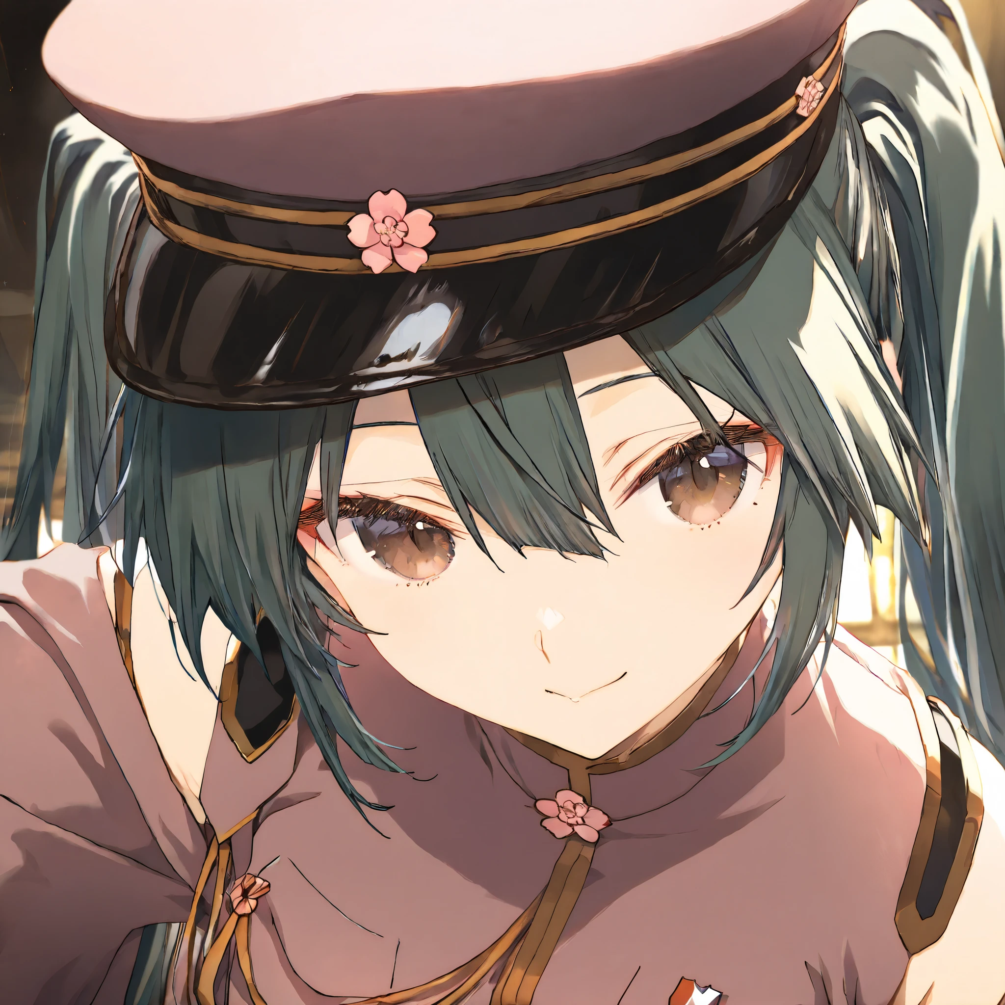 Solo,1girl,Senbonzakura Hatsune miku, dark green hair,Long sleeves,Brown eyes, Japanese military officer uniform (artist:mitsumi_misato),artist:fujiyama,artist:kokonoka, break,(masterpiece), (best quality), (ultra-detailed),(Detailed Lighting), very aesthetic, newest, beauty illustration,super detailed skin, (masterpiece), (best quality), (ultra-detailed), very aesthetic lighting,newest ,hi res,absurd_res,shiny skin,2023, shaded,digital media (artwork), realistic lighting, 16k, 8k,highres, source_anime, official_art, photoshop_(medium)Narrow eyes,Bangs, ,Masterpiece, High Resolution, Accurate, Best Quality, 