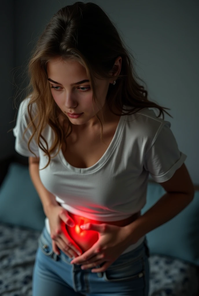 a badly bloated girl with a distended stomach, holding her belly in pain, farting and burping from indigestion, gassy, (best quality,4k,8k,highres,masterpiece:1.2),ultra-detailed,(realistic,photorealistic,photo-realistic:1.37),HDR,UHD,studio lighting,ultra-fine painting,sharp focus,physically-based rendering,extreme detail description,professional,vivid colors,bokeh,cinematic lighting,dramatic shadows,highly detailed stomach,detailed facial features,beautiful detailed eyes,beautiful detailed lips,extremely detailed eyes and face,long eyelashes,portrait