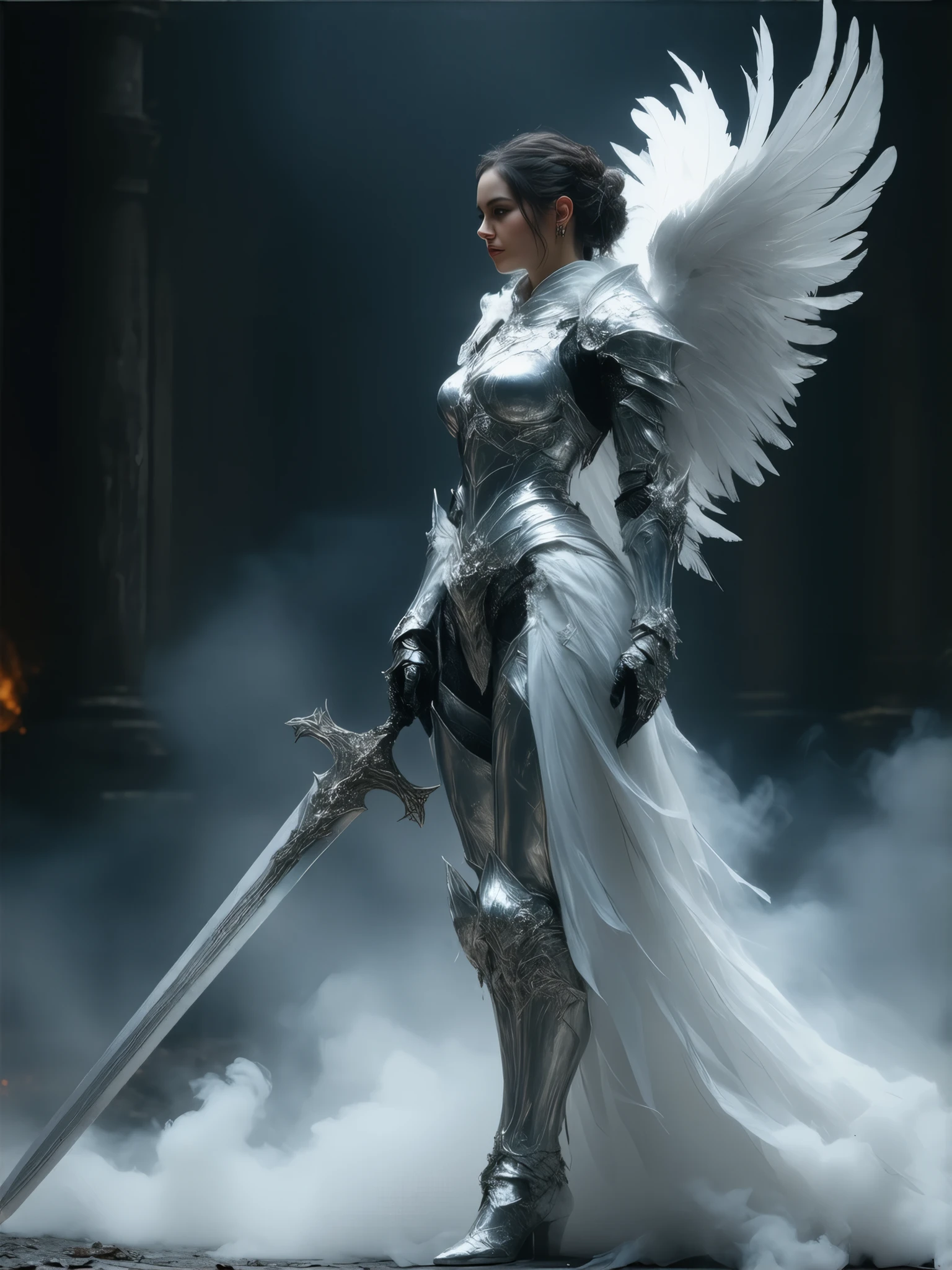 (8k, Top Quality, masterpiece , Final Fantasy Style : 1.2), atmospheric perspective , 8k, very well detailed, accurate, Highest quality, masterpiece, very well detailed,sharp concentration, High Resolution, (Walküre Female Full Body Portrait:1.9), complicated, Thin face, elegant, Full body shot of , white silver Walküre armor, Big white Feathers on Her Back, Floating Off the Floor, sexy boots , (Holding the Great Sword in Her Hand;1.2), Flying , (Fly down from above into a ruined city、lands and smoke rises on the ground:2.0), ((big breasts:1.2), (Big Breasts:1.2), (Lifted Well Defined Breasts :1.2), (lifts the chest:1.2), ( perky breast :1.2),(Deep cleavage :1.4)) and Big Waist , ( sexy long legs, Full body painting:1.5), , very well detailed, digital painting , art station, , smooth, sharp concentration, shape, Art Jam, Greg Rutkowski, by Alphonse Mucha , 8k, volumetric fog, bloom, light, lumens, Crank Blur, angle from below , low angle,