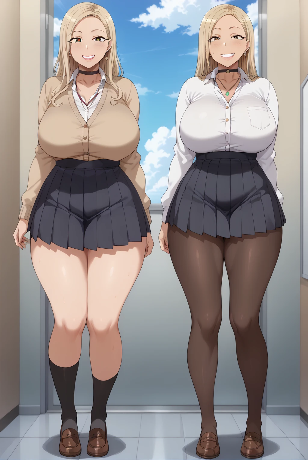 , ((highres)),Masterpiece, high quality, best quality, beautiful, perfect lighting, detailed face, ultra cute face, ((2girls)), embarrassed look, ((blush)), looking at viewer, hand on hip, standing in office, (office), daytime, dress shirt, pencil skirt, (tight clothes), (chubby), chubby belly, (thigh highs), (wide hips), ((thick thighs)), medium breasts, cleavage, perky breasts, standing next to each other,