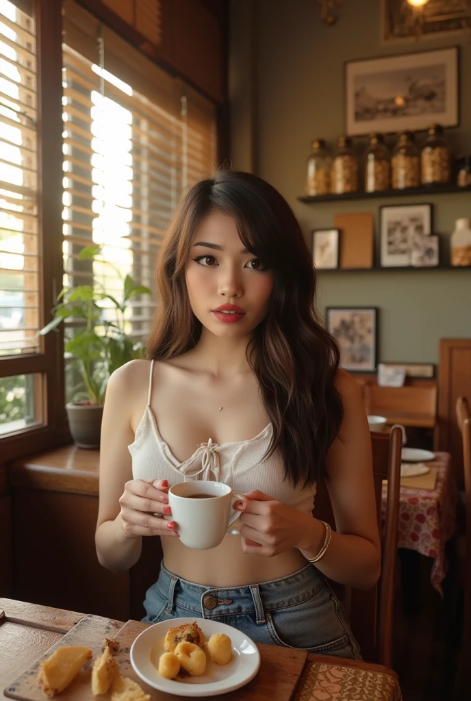 Beautiful girl on a glass house
Hands on a cup of coffee
On the rainy day