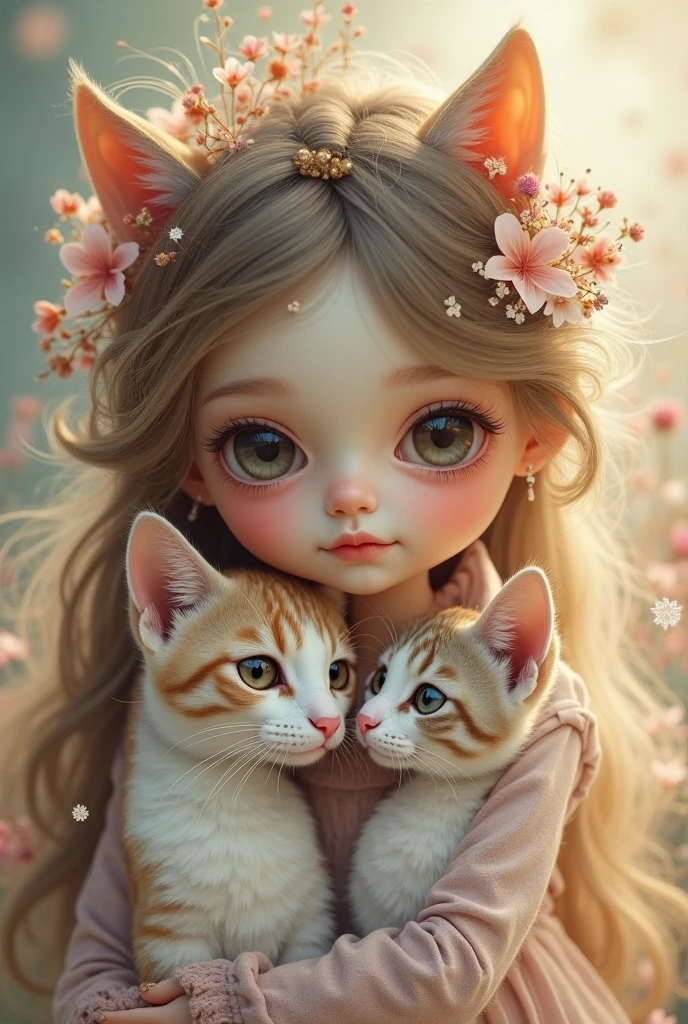 best image quality、detailed eyes、long eyelashes、fairy tale world、young girl、cute 4 year old girl、cute bright smile、chestnut hair、Surprisingly round, big, sparkling eyes、Holding three very cute kittens、A fun and innocent smile、Cute clothes、Cloudy winter sky outside the window、