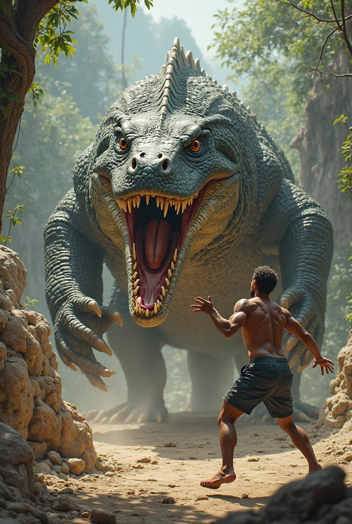A realistic Komodo dragon biting a realistic person 