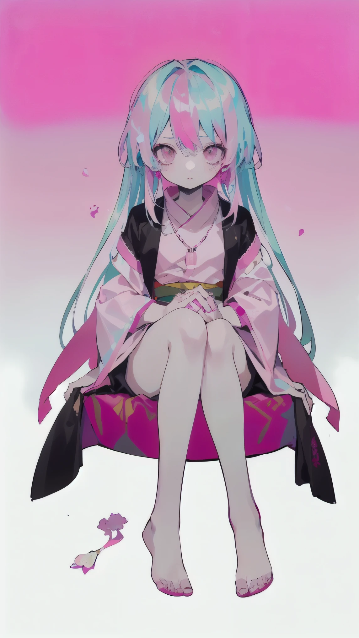 Masterpiece, perfect face, ultra high-quality, highest quality, one girl, small girl character, very long hair, hair reaching down to her feet, female, anime-style girl, (((pink hair:1.8))), ((soft pink hair:1.5)), ((pastel pink hair:1.3)), gray eyes, bangs, yamikawaii, white lace shirt, pure white skin, delicate lace, original character, intricate design, unique design, amulet, sacred image, weeping cherry blossom theme, droopy eyes, long eyelashes, handsome woman, skinny, slightly starving, full-body drawing, commission, potential adoption, white outfit, full-body, background, cute, wearing shorts, wearing a coat, all white outfit, anime girl character, white background, full-body, all decorations are white or silver, loose frilled white shirt, gray eyes, slender hands, skeleton, pure white outfit, unnaturally pale skin, pure white skin, white skin color, traditional Japanese style, Japan, shorts, wearing loose shorts, beautiful girl, sacred, (((pink hair:1.8))), ((pastel pink hair:1.5)), (((soft pink locks:1.3))), ((white background:1.3)).