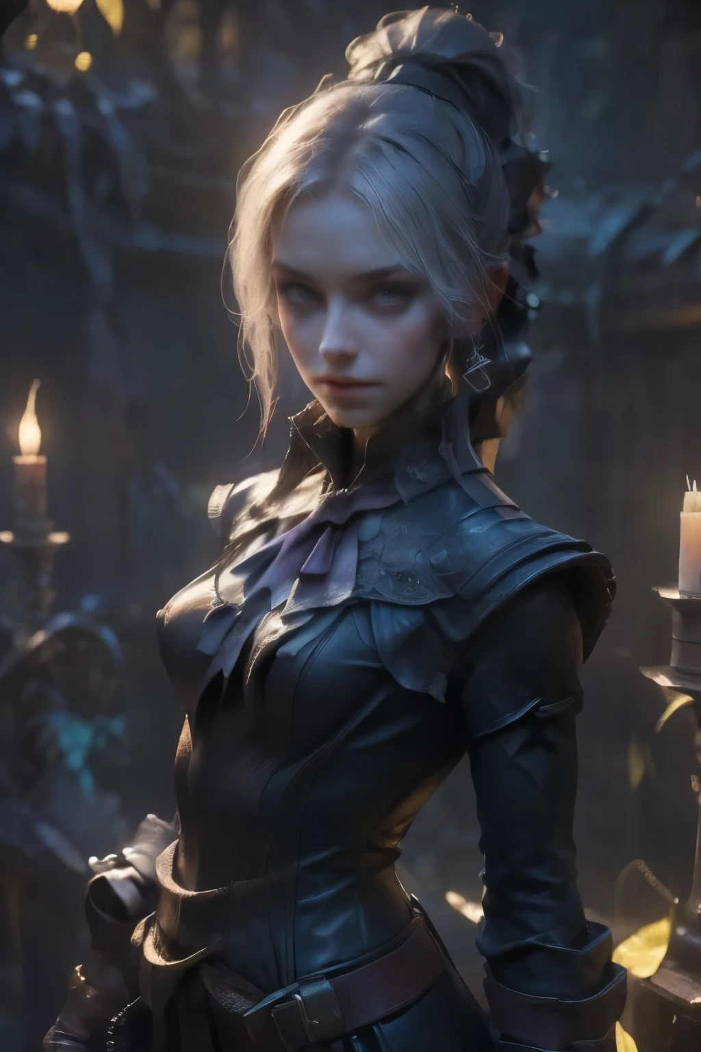 ((best quality)), ((masterpiece)), (detailed), score_9, score_8_up, score_7_up, score_6_up, (1girls), a female occultic knight, witch, knight, wielding a rapier-like sword, perfect face (((mastepiece, of the highest quality, super detailed))), photorealistic, Dark fantasy art, dark fantasy, ((gothic art)), ((Bloodborne inspired)), (Victorian era inspired), (Brotherhood Of The Wolf inspired), (typical witches hat sharing design features of a hunter's cap), (leather trousers with buckles and belts), (occultic vibe), (cosmic horror vibe), (occultic military uniform), (military witch), ((intricate and beautiful cloth and leather clothing)), ((thigh high strapped leather boots)), ((complex buckled leather boots)), (regal and elegant, a person of great social importance), ((mature, foreboding atmosphere)), ((dark and gloomy)), ((((Highly detailed face)))), small thin nose, Small thin lips mouth, (((Very sharp focused eyes))), ((perfect symmetrical beautiful eyes)). looking here, (resolved expression), (resolute expression), (sad face), beautiful (((very small breasts))), (((little boobs))), (((tiny breasts))), (((flat chest:0.1))), (((very tiny boobs))), (((very flat chested))), ((brunette)) hair, ((long ponytail, thick ponytail, heavy ponytail)), very long eyelashes, soft lighting