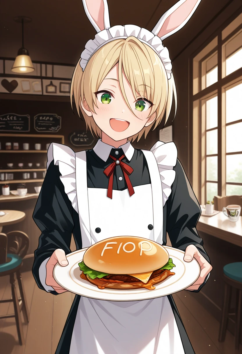 (masuter piece,Best Quality,Ultra-detailed), (A detailed face),Cover of a cooking magazine,1girl in,a blond,Aimei,age19,cute little,Warm smile,Pizza chef,Floral apron,foods,Texto,advertisement,magazine title