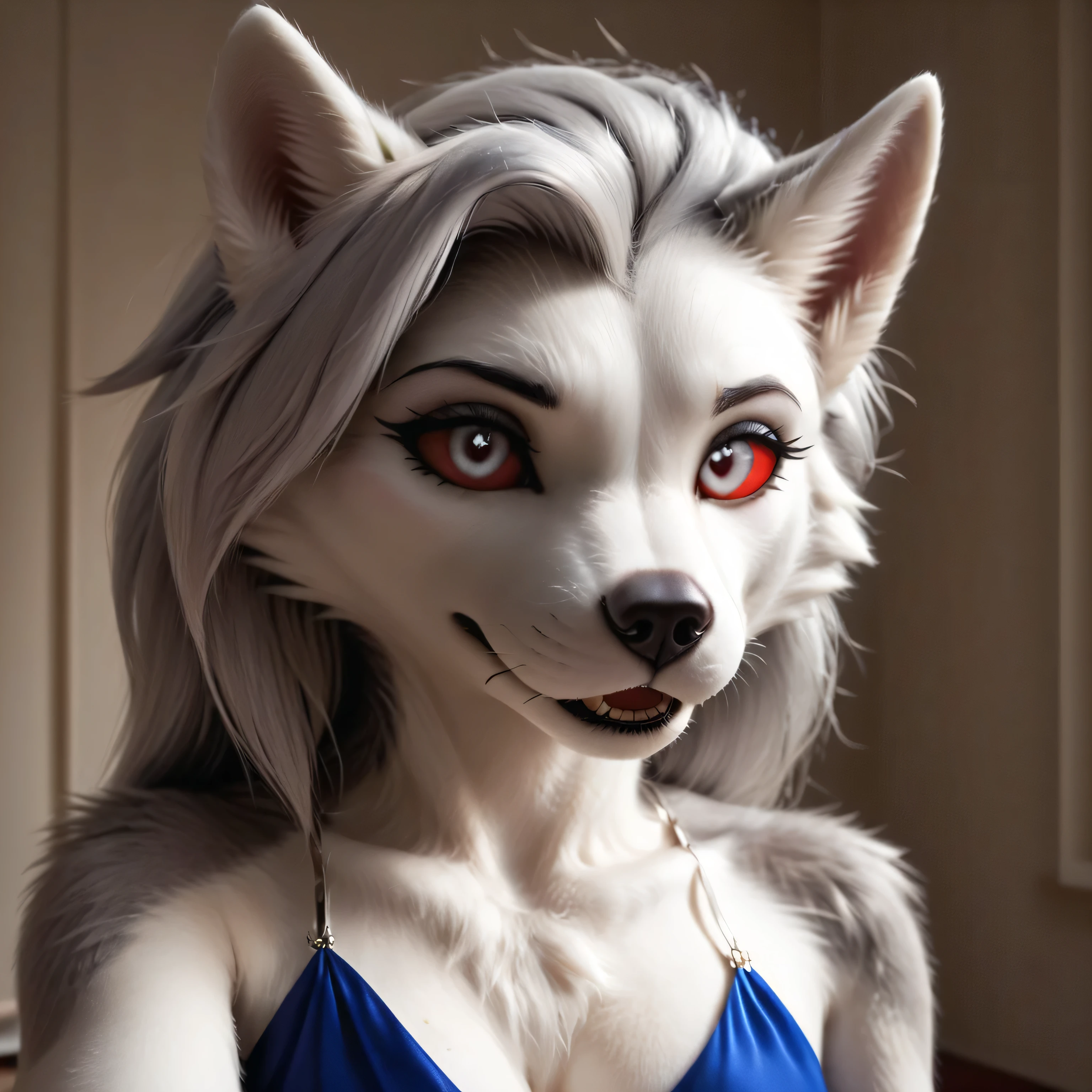 masterpiece, high quality, illustration, {beautiful detail girl}, beautiful glow in the details, beauty in dressing up, white eyes with red sclera, wearing an navy blue short evening dress at a party, detailed lighting, (beautiful detailed eyes: 1.1), Loona, furry female, anthro.