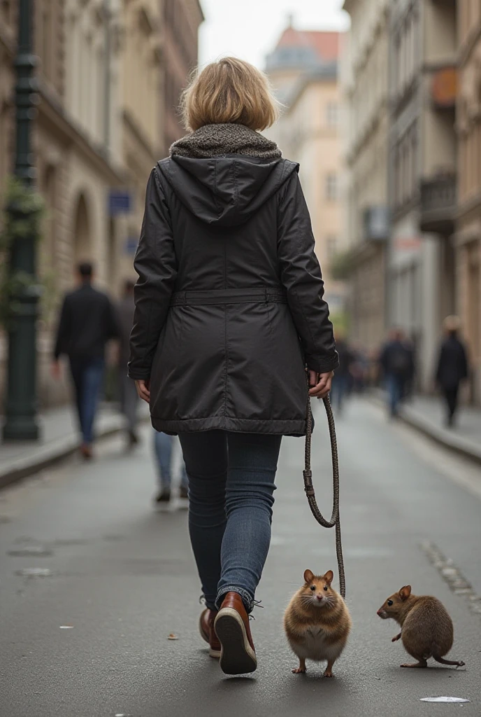 Take a photo of a woman with a short brunette/blonde hair, THAT. 55 years. She can only be seen from behind and goes for a walk on Währingerstraße in Vienna. She carries a thick light brown hamster on a long leash. She is being followed by a pack of aggressive rats.