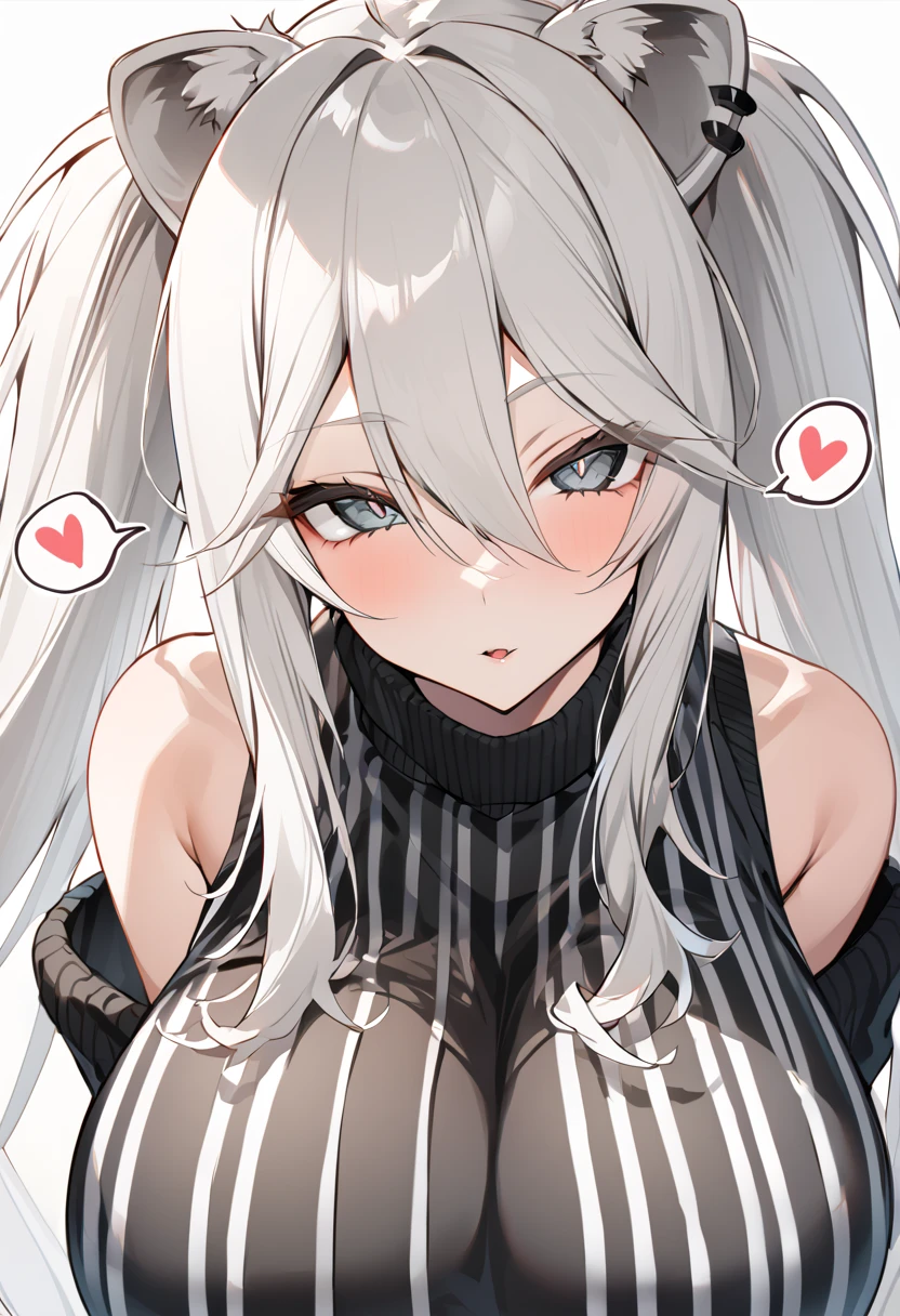 Shishirabotan、Black knitted clothes、Vertical sweater clothes、Black sweater、Huge breasts:1.5、sagging breast:1.5、1girl、portrait、spoken heart、face focus、straight hair、Twin tails、Slightly messy hair、White lion、paizuri under clothes、Titty fuck