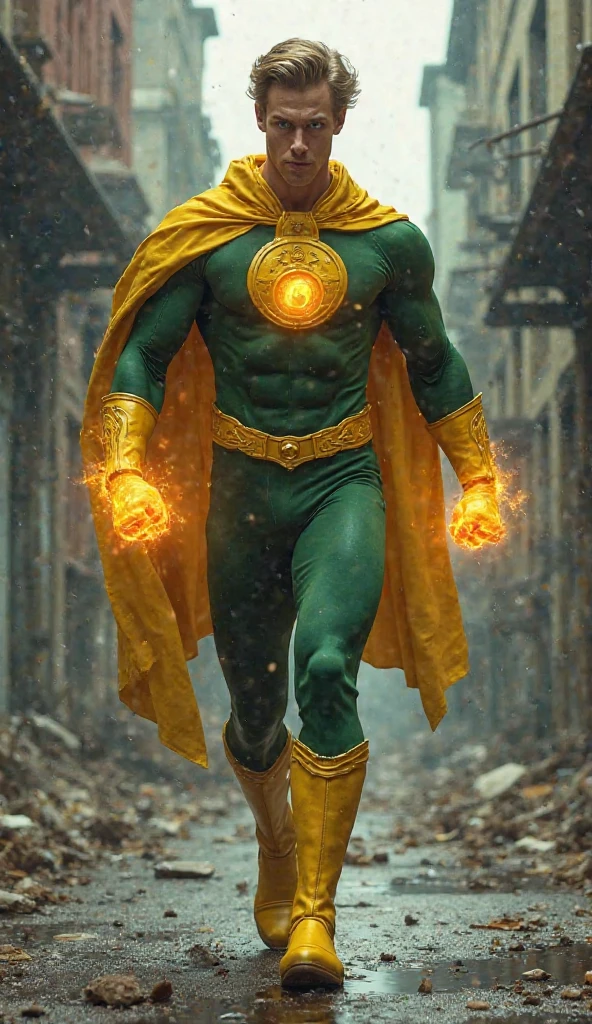 "Create a dynamic Indian superhero standing confidently, wearing a suit made up of green and orange colors, symbolizing the essence of India. The suit should blend traditional Indian elements with a modern superhero look. The superhero's boots are light white, complementing the suit's vibrant colors. On the superhero's hands are golden magic gloves, intricately designed, radiating power and energy. The hero wears a white helmet with the Ashok Chakra prominently displayed on the front, giving a sense of patriotism and strength. The background should be subtle yet powerful, emphasizing the superhero's majestic presence and the magic emanating from the gloves."