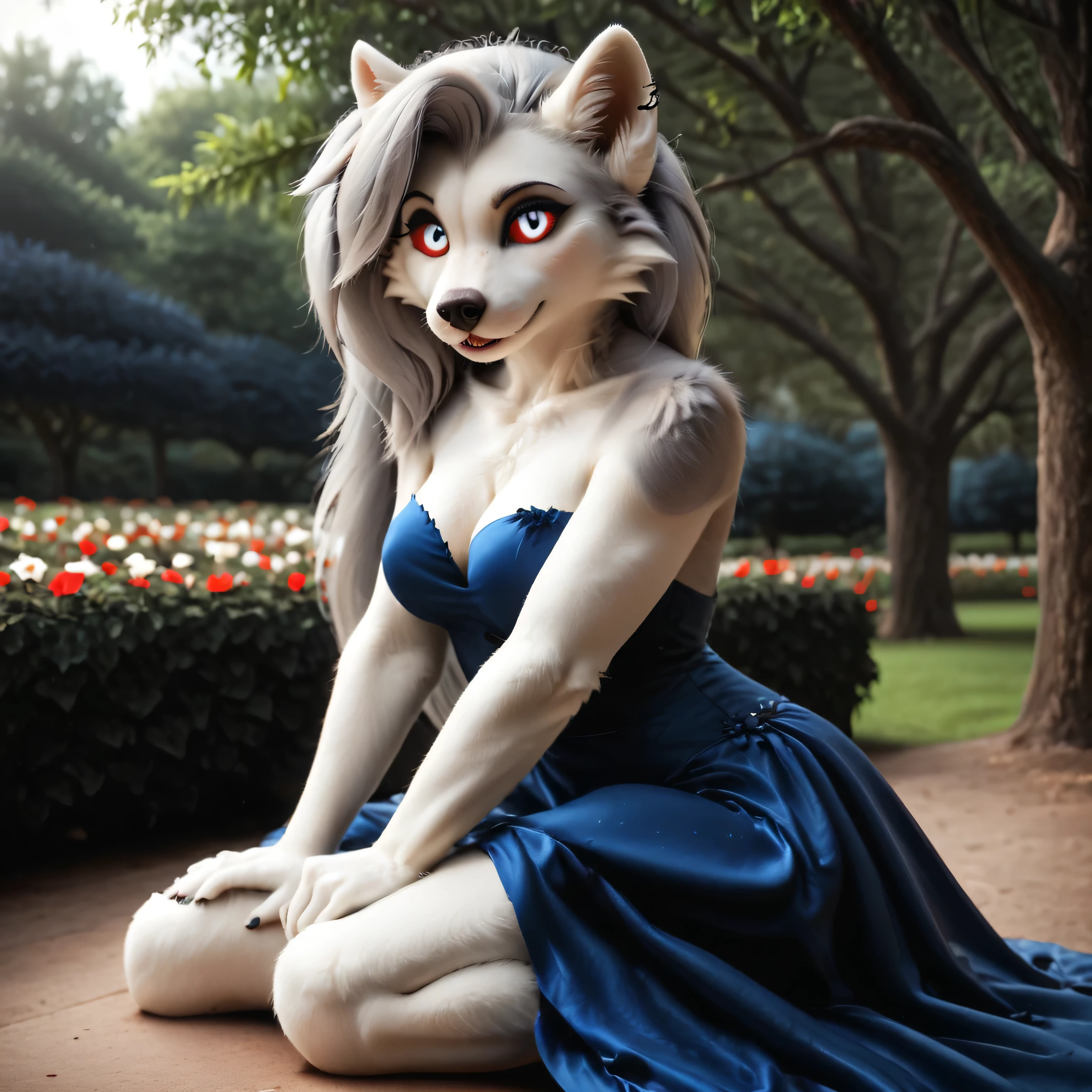 masterpiece, high quality, illustration, {beautiful detail girl}, beautiful glow in the details, beauty in dressing up, white eyes with red sclera, wearing an navy blue short evening dress, night park, soft lighting, garlands of light bulbs on trees, full-length, detailed lighting, (beautiful detailed eyes: 1.1), Loona, furry female, anthro.
