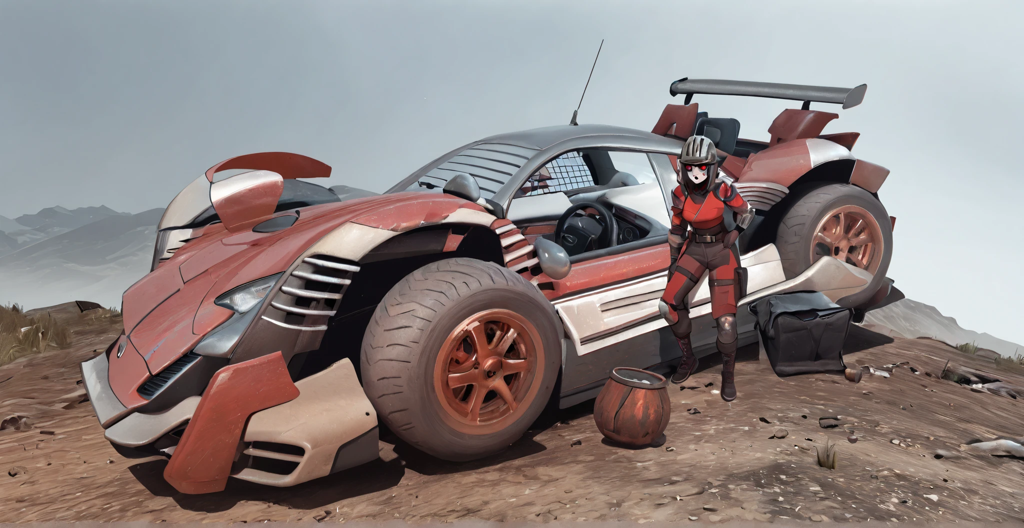1 girl, solo, (simple background), red eyes, black_sclera, car, a man in a helmet, a wasteland background