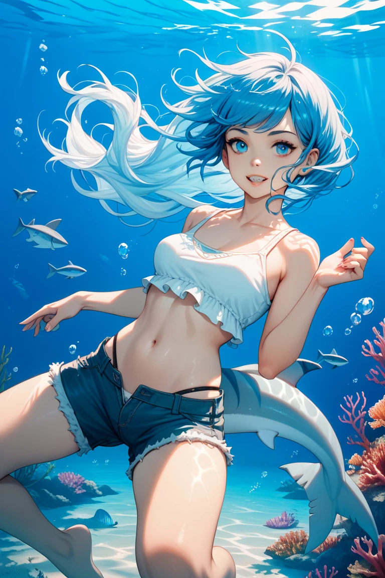 She is gray trevally with a darker gray back and a teal dorsal fin and tail fin. She wears a small pink bra, black pants that cover up her feet, and red lipstick. SPARKLE; GLITTER