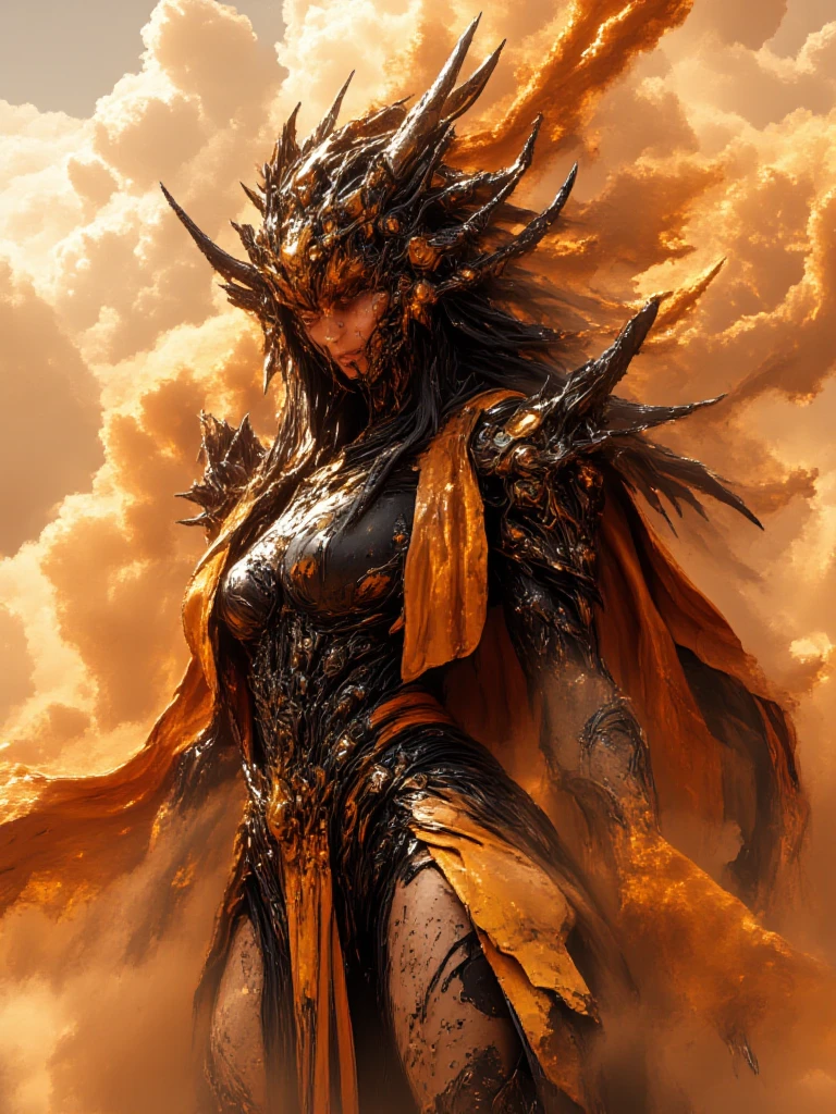 8k, ultra detailed, ultra high quality, unreal engine, high resolution, beautiful yet terrifying female demonic angel, looking at the camera, detailed face, detailed eyes, ruby coloured eyes, illuminating halo, halo, gold horns, full body image, curvy, ebony skin, ultra detailed body, cosmic armour, large falcon wings, white and gold coloured wings with dark tint edges, solo focus, cinematic, ancient ruins in background, illuminating moonlight, dark fantasy,