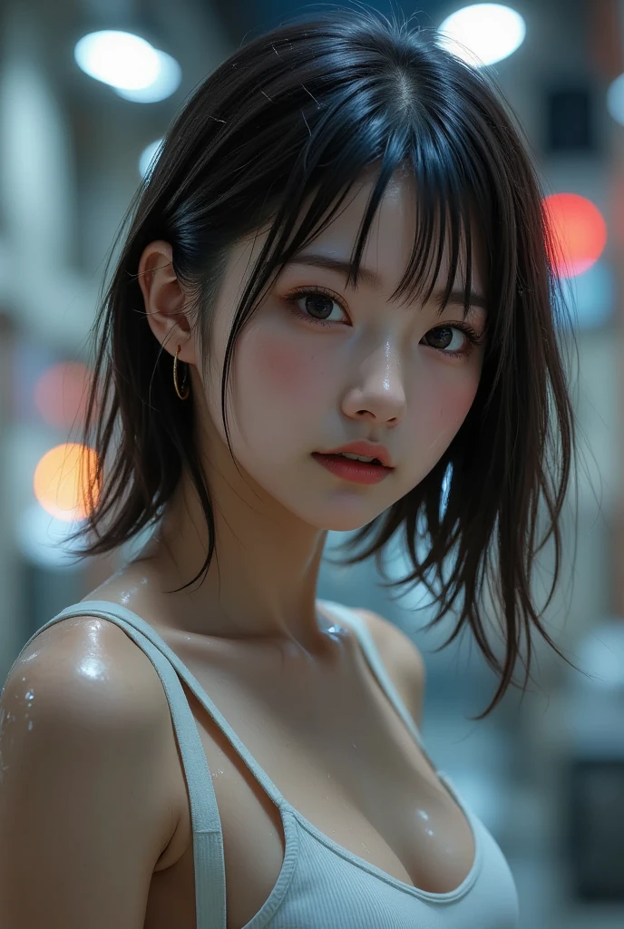 (a upperbody shot photorealistic of beautiful young woman, (hand covering breast), detailed mesmerizing face, alluring gaze, (bare body, naturally droopy breast), sensual, elegant, facing forward, volumetric lighting, cinematic, photon mapping, high contrast, dramatic shadows, cinematic atmosphere, dark light background, photorealistic, vivid color, sexy tones)