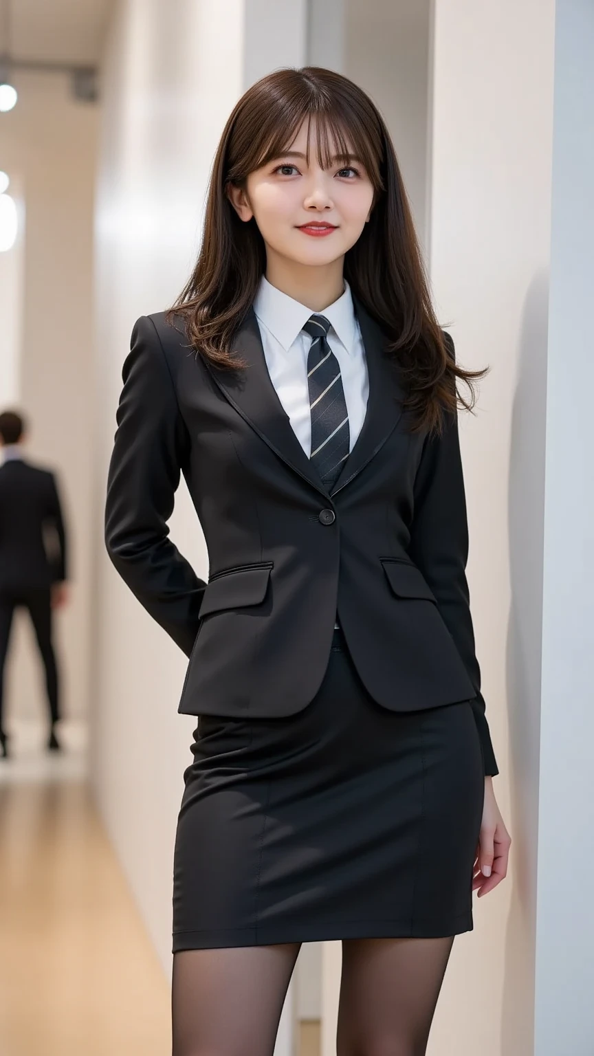 Best image quality、Ultra-high resolution、One Girl、Beautiful expression、(Black business suit,Tight Skirt,Black tights),office,smile