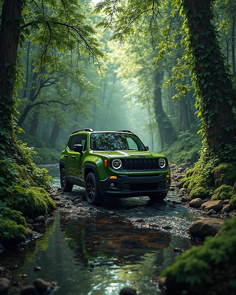 a jeep bandeirante green ln a floresta，small stream，Uma planta，Pedra，natureza，scenic view，luz brilhante，Realista e realista，fotografia de，in a panoramic view，4k, fada do dente, coelho