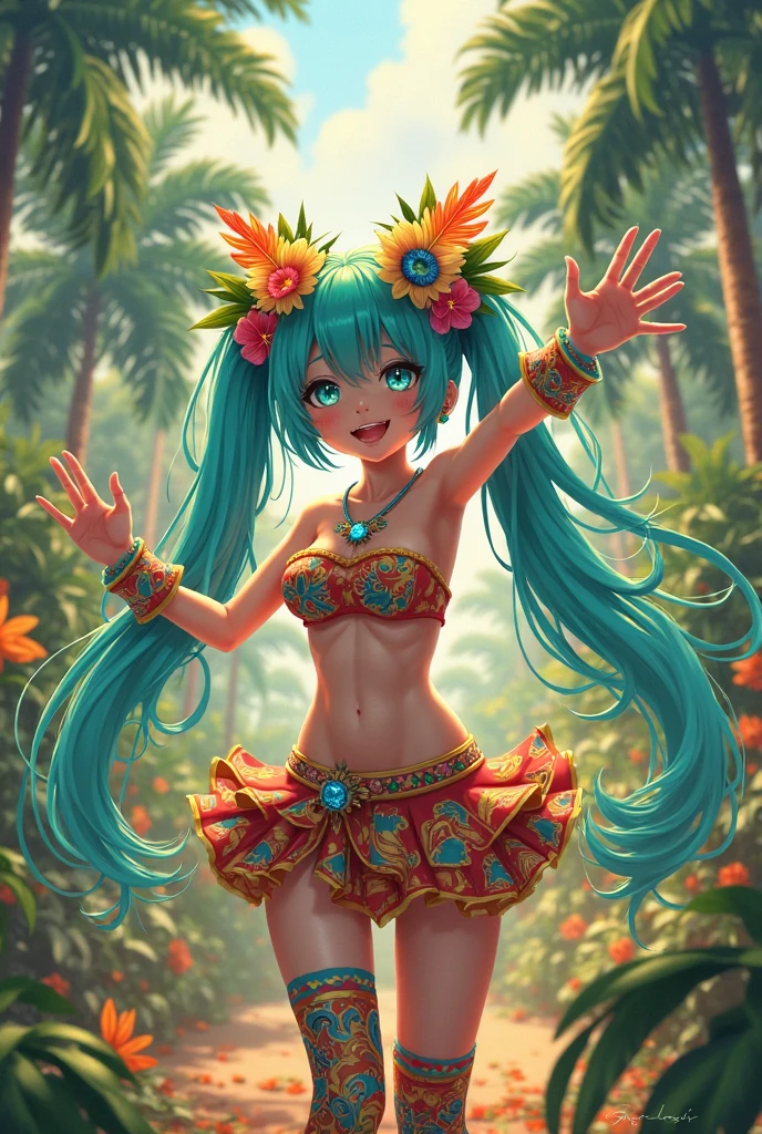 watercolor,(best quarity,ultra detailed,ultra-high-resolution, absolutely resolution,8k, masterpiece), 20 years old,very-cute-and-beautiful-anime-girl,highly-detailed-face-and-eyes,grin,(bust-shot:1.4),(dark_skin:1.3),(tribal_tatoo:1.2),(Glossy Oceania Accessories:1.5),(wavy hairs),(messy hair),(asymmetry bangs),(multicolored hair),(blue eyes:1.3),(short-pants-bikini),deep-jungle,toropical flowers,