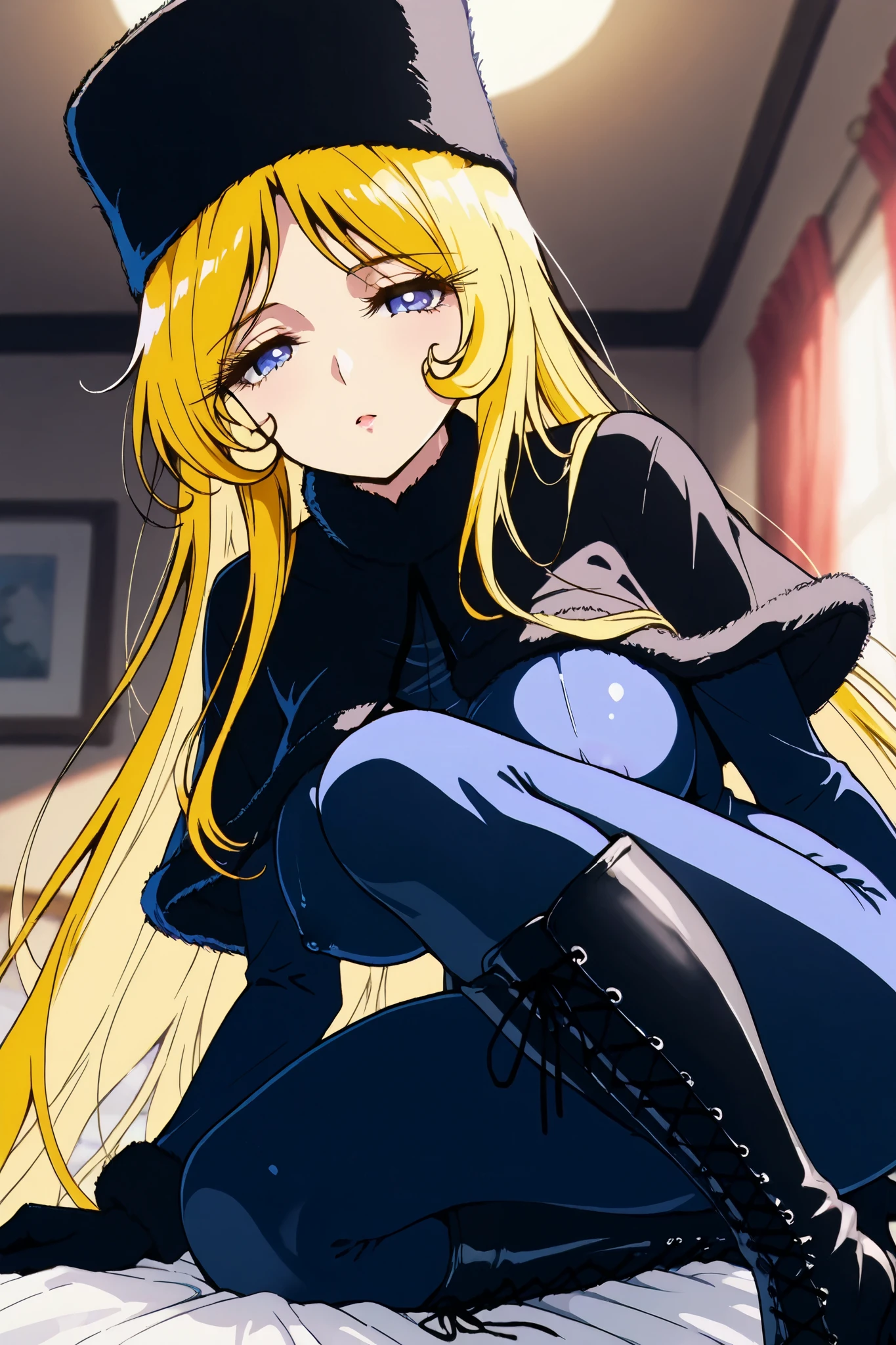 reia_kosu,1 female,solo,pretty,
maetel,
blonde hair,shiny hair,colored inner hair,part bang,
blue eyes,big eyes,slant eyes,long eyelashes,
sleepy eyes,
extreme close-up under the chest,
low angle,
large breast,nipple,looking at viewer,
black clothes(1.3),fur hat,caplet,
navy blue,school swim suits(1.3),
black lace up boots,thigh-high boots,
black gloves,high heels,
perfect face,beautiful skin,
anatomically correct,
anime,masterpiece,highest quality,
high resolution,high definition,ultra-detailed,
blurred background,
indoors,on bed,bed room