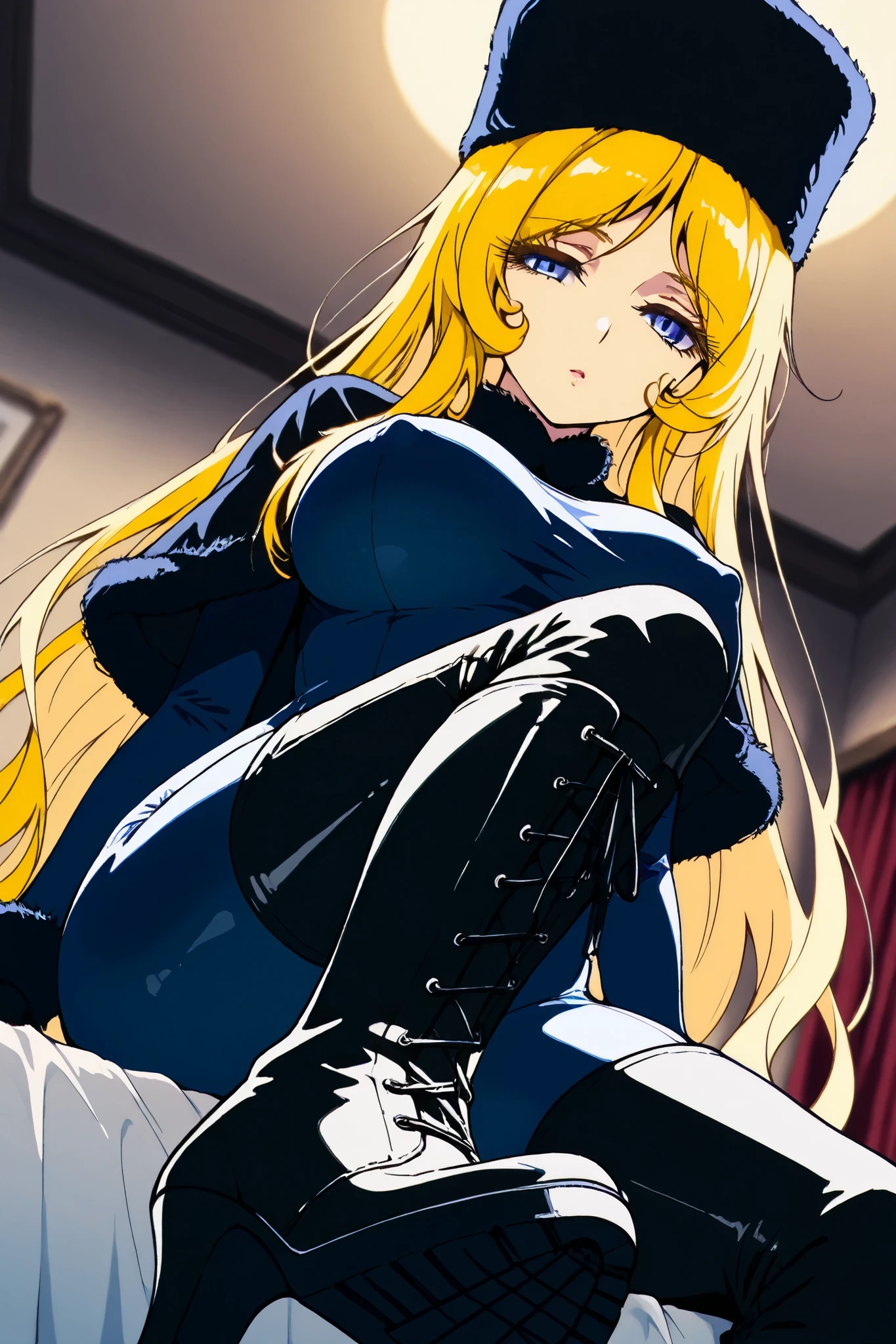 reia_kosu,1 female,solo,pretty,
maetel,
blonde hair,shiny hair,colored inner hair,part bang,
blue eyes,big eyes,slant eyes,long eyelashes,
sleepy eyes,
extreme close-up under the ,
low angle,
large breast,nipple,looking at viewer,
black clothes(1.3),fur hat,caplet,
navy blue,school swim suits(1.3),
black lace up boots,thigh-high boots,
black gloves,high heels,
perfect face,beautiful skin,
anatomically correct,
anime,masterpiece,highest quality,
high resolution,high definition,ultra-detailed,
blurred background,
indoors,on bed,bed room