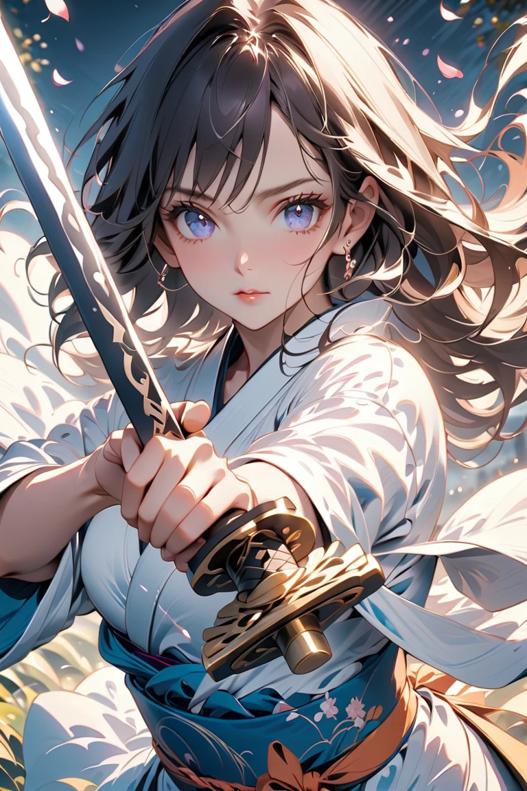 (Best quality,a high resolution,masterpiece:1.2),ultra detailed,photorealistic:1.37,anime,lightning background,shogun character,anime style,Beautiful look,long hair,katana sword.