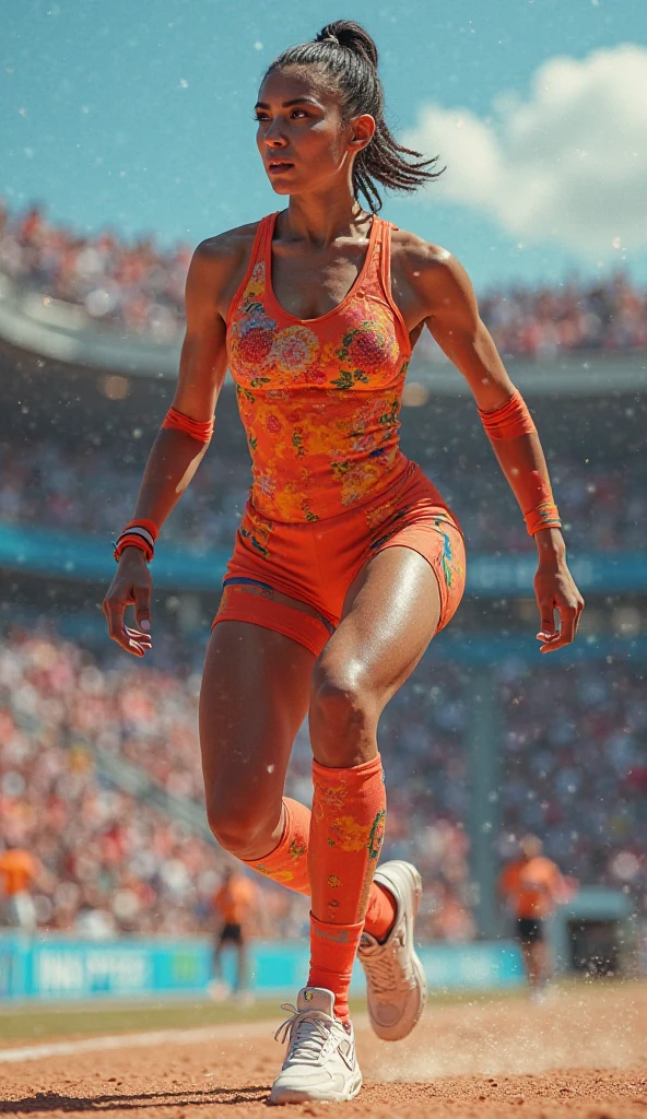 The photograph of a amazing realistic epic 16k quality and resolution image of very very beautiful and sexy athlete Olympic runner after winning the 100-meter dash race would be a powerful image full of emotion.. Here I describe what it could be like and the visual impact it would have.:

Composition and Position:

The runner would have her back to the camera, capturing her moment of triumph as she walks proudly down the court. His arms would be raised in victory, showing off his impressive physique and Jamaica&#39;s national sweatshirt. The composition would focus on his powerful figure, with the athletics track and the stands full of spectators blurred in the background.

Expression and Body Language:

Your body language would convey a sense of pride, strength and achievement. Arms raised in a V shape would show your confidence and celebration. His head would be raised, looking towards the stands with an expression of pure joy and relief on his face. Every muscle in your body would be defined and tense, showing the intensity of the physical effort you have just achieved.

Lighting and Colors:

The natural lighting of an open-air stadium would bathe the scene, creating soft shadows and highlighting your muscle contours. The athletics track would shine with a warm tone, contrasting with Jamaica&#39;s vibrant green and yellow sweatshirt. The runner&#39;s tanned skin would stand out in the sunlight, highlighting his dedication and training.

Background and Environment:

The stands filled with excited spectators would provide a dynamic and vibrant background. Jamaican flags would fly in the air, creating a sea of green colors, yellow and black. The faces of the fans would be full of joy and admiration, some with hands raised in the air in celebration. The atmosphere would be charged with energy and excitement., with shouts and applause echoing throughout the stadium.

Focus and Depth of Field:

The photograph would have a selective focus, with the clear runner in prime