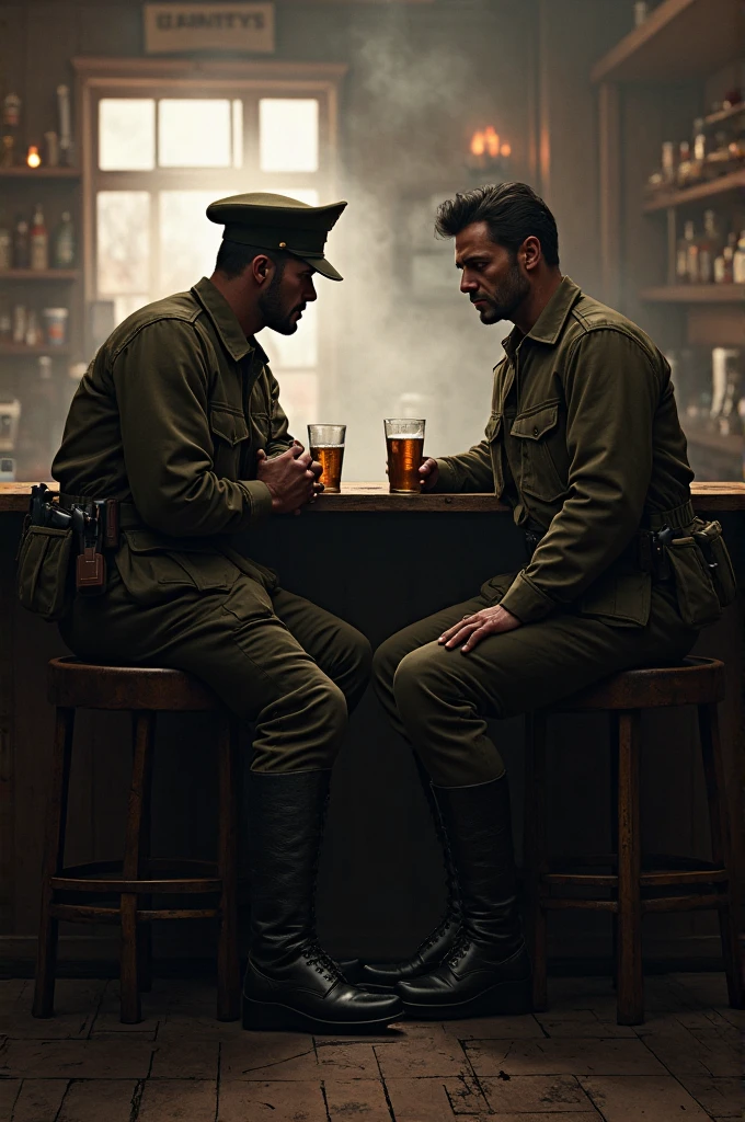 Create a futuristic picture of two men wearing white t-shirts, one is emitting brown liquid like vomit with a concerned expression and has been drinking iced tea, and the condition is very worrying and seems drastic. sitting next to another man while holding a glass filled with iced tea, the surrounding area is like a war that looks like the destruction of a village. with a background like a Zet plane above the clouds and like going to war, showing smoke rising from below, textured and very dramatic and hysterical.