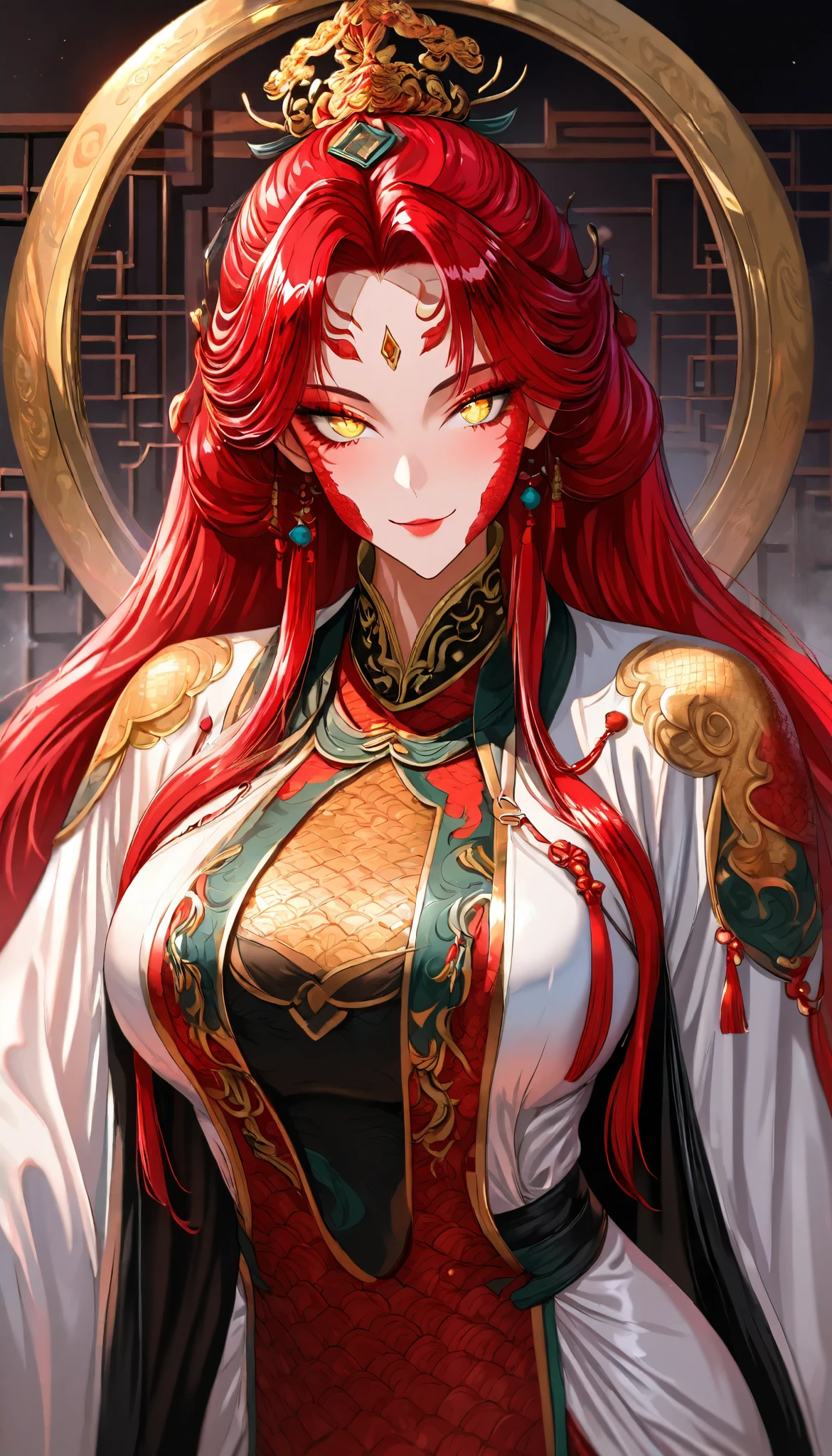 A Red hair Female(Red snake scales on her cheeks), Perfect body, (Golden eyes with Snake pupils), (Wearing A White Taoist robe:1.7)(Red Snake scale pattern), Open pose, seductive smile,In a Chinese palace, UHD, SOLO, anatomically correct, masterpiece, textured skin, high details, highres, 1080P, 16k, accurate,Beautiful face, Perfect face, Highly detailed beautiful face and eyes, Attractive face, Detailed face, Delicate facial features, Detailed skin,Cowboy shot,((hbig bosom))