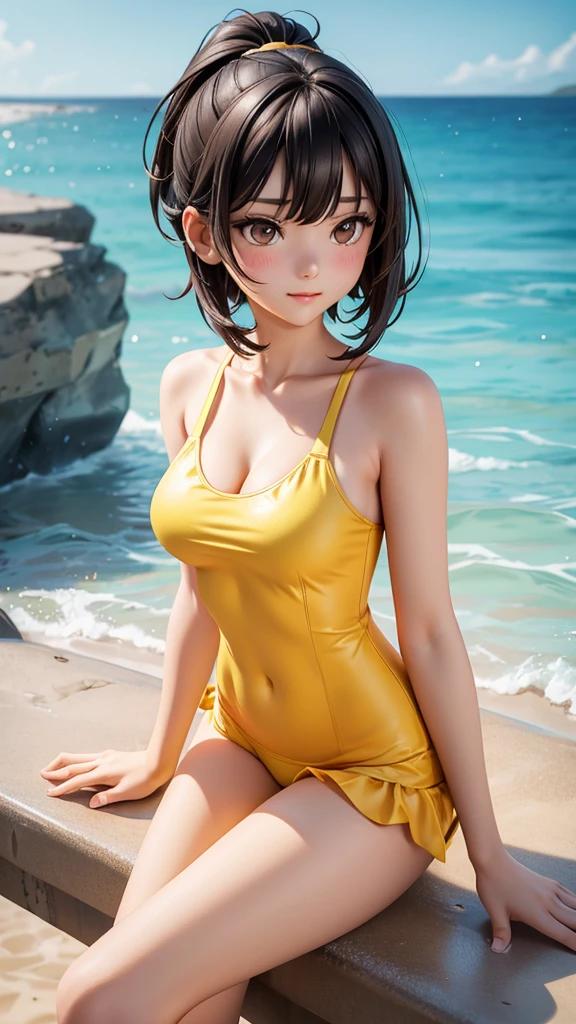 girl, alone, short hair, Bronze colored hair, thin, Misaka sister,Yellow ultra-high leg one-piece swimsuit , Beach、play、Fascinating、smile、