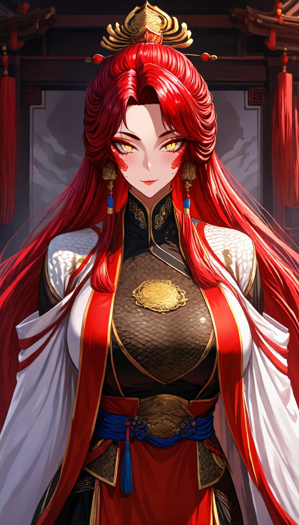 A Red hair Female(Red snake scales on her cheeks), Perfect body, (Golden eyes with Snake pupils), Wearing A Red and White Taoist robe with Snake scale pattern, Open pose, seductive smile,In a Chinese palace, UHD, SOLO, anatomically correct, masterpiece, textured skin, high details, highres, 1080P, 16k, accurate,Beautiful face, Perfect face, Highly detailed beautiful face and eyes, Attractive face, Detailed face, Delicate facial features, Detailed skin,Cowboy shot,((hbig bosom))