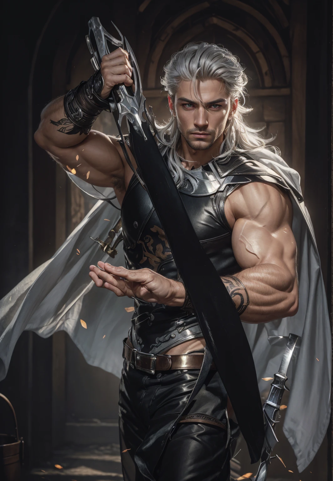 8k, sophisticated, elegant, highly detailed, majestic, digital photography, surreal painting, magic, magic, fairy tale, (Masterpiece, side light), hdr, (Bright blue eyes), Naked upper body, (shiny tattoo), Handsome adult man, long beautiful straight platinum hair below the shoulders, a long neck. athletic body, beautiful proportioned male figure, tanned skin, Handsome, in front of the camera - just a masterpiece. realistic. a full-length image. Long hair below the shoulders. grey clothes. He holds a large silver sword in his hands. a well-proportioned male body
