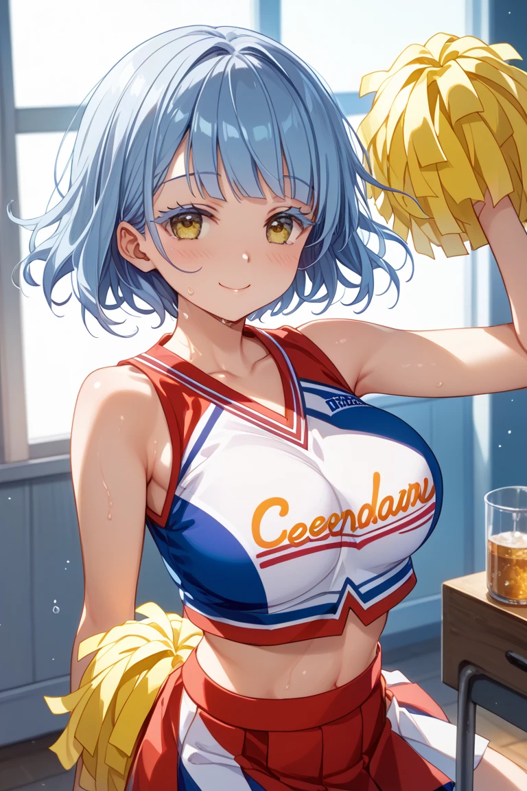 (solo:1.3), (1 skinny cheerleader rooting for viewer:1.2), (violently bouncing large breasts:1.2), cleavage, (dancing violently:1.2), shaking chest, open legs, BREAK, (short cheer uniform), sleeveless, bared stomach, (flapping too short skirt), show off thigh gap, long skinny legs, bared legs, skinny too narrow waist, very short torso, BREAK, nsfw, orgasm, heavy breathing, pussy juice, (coverd erectile nipples), (forced smile but feeling fear)